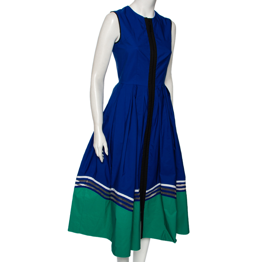 

Fendi Blue-Green Paneled Cotton Zip Front Flared Midi Dress