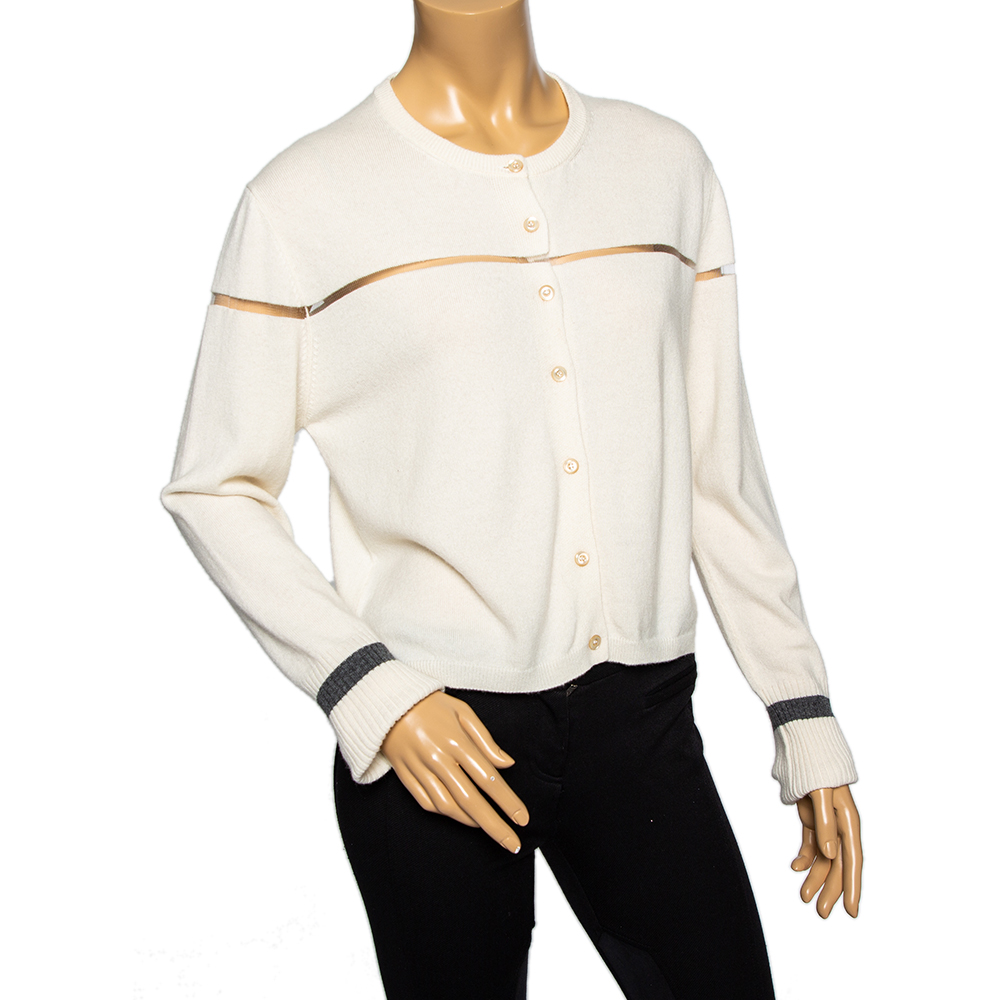 

Fendi Cream Cashmere & Mesh Insert Detailed Button Front Cardigan