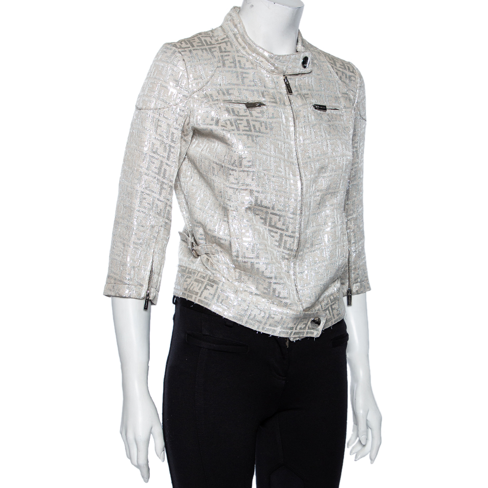 

Fendi Beige Linen Lurex Logo Monogram Zip Front Jacket