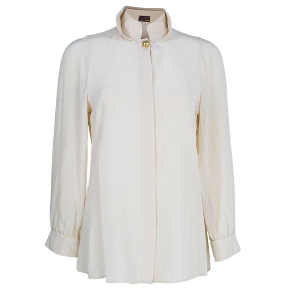Pre Owned Fendi Beige Silk Collared Top M