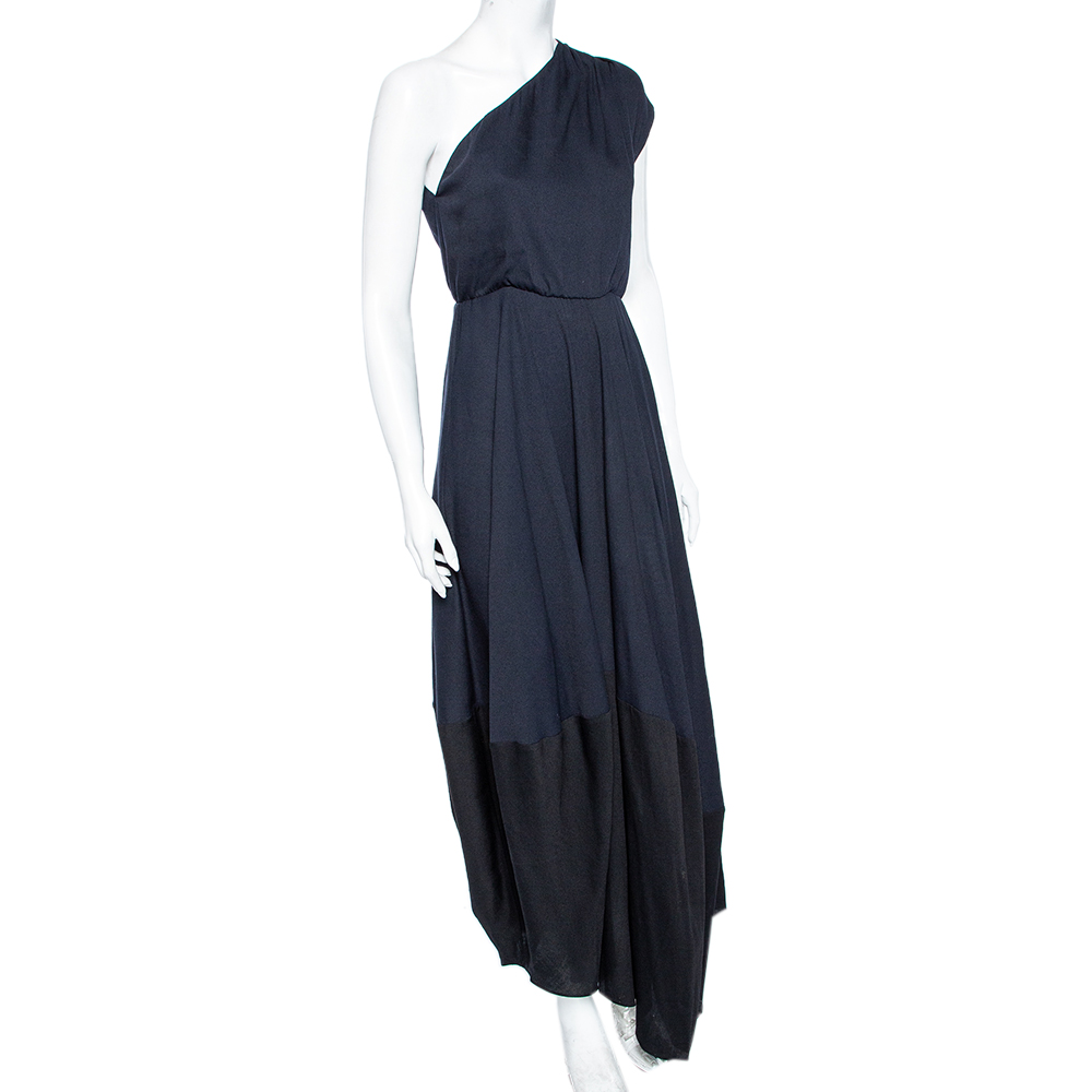 

Fendi Navy Blue & Black Paneled Hem Wool One Shoulder Maxi Dress