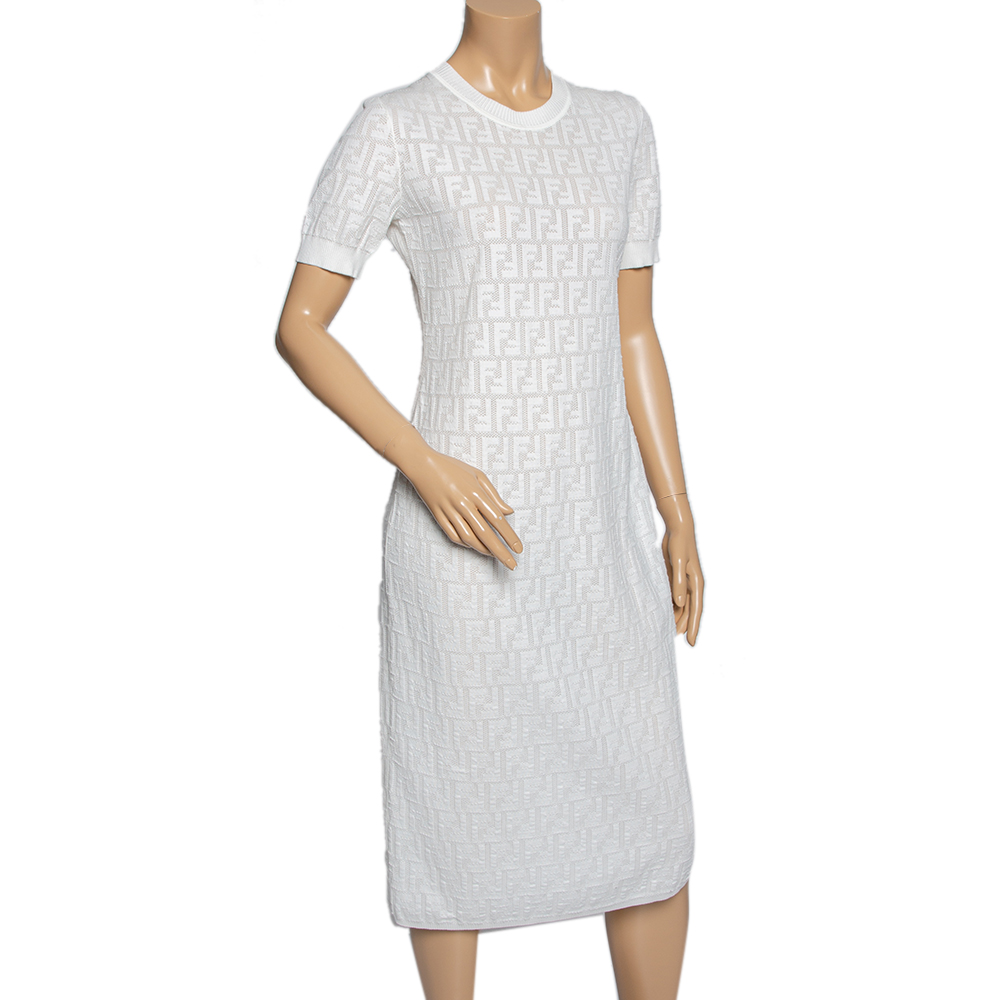 

Fendi White Monogram Knit Crewneck Midi Dress