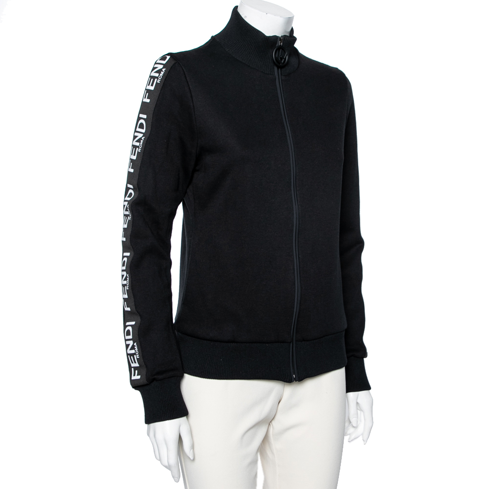 

Fendi Black Cotton Logo Tape Trimmed Zip Front Jacket