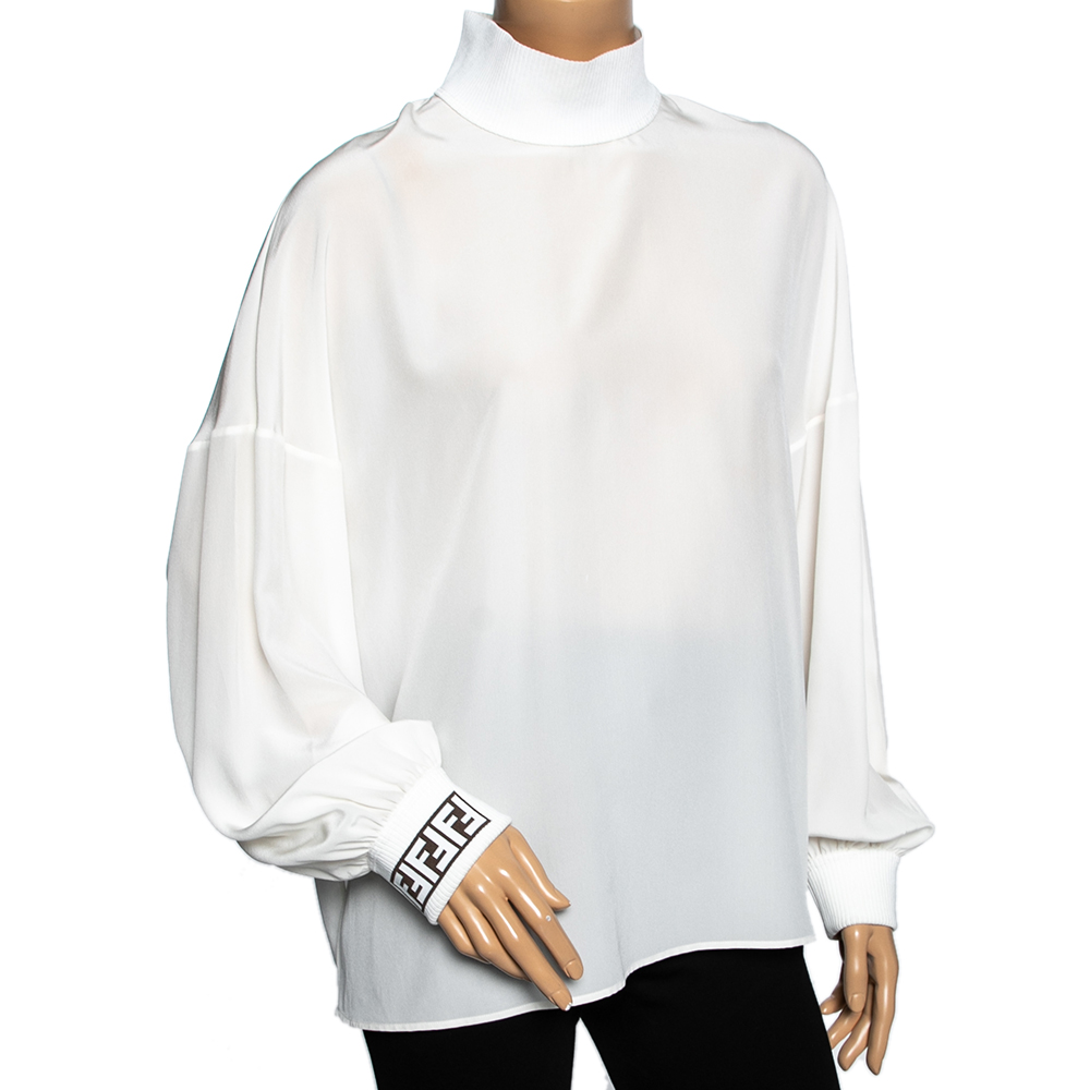 

Fendi Off White Silk & Rib Knit Trimmed Long Sleeve Blouse