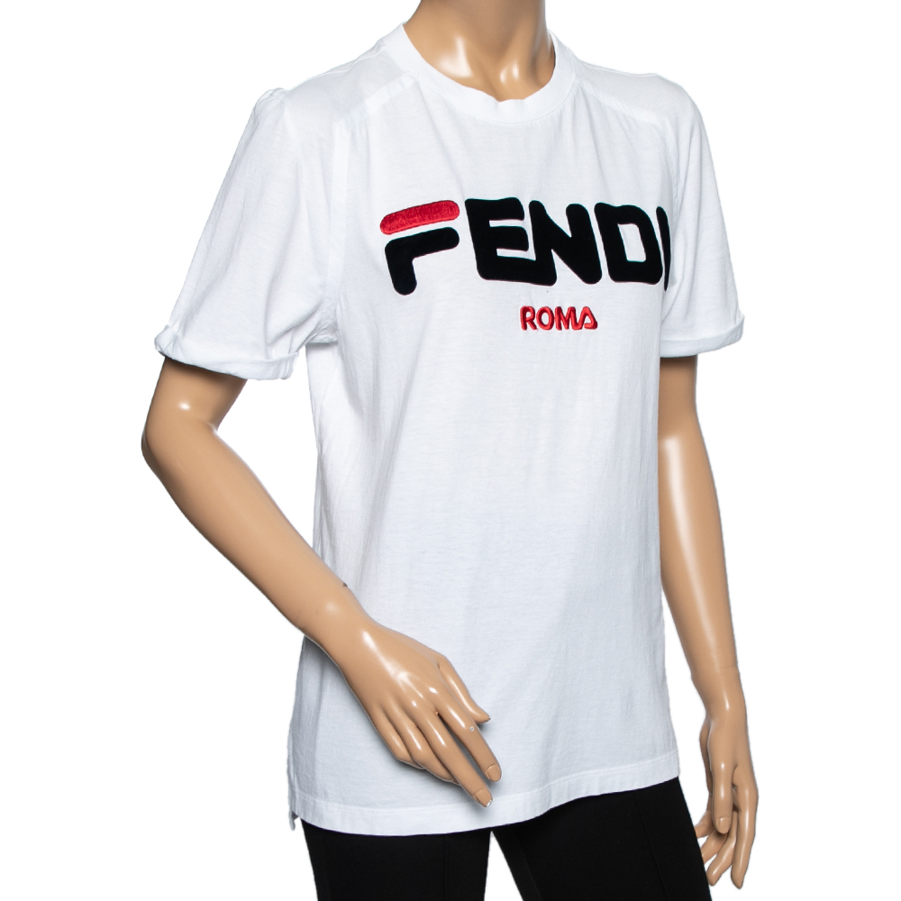 

Fendi x Fila White Cotton Flocked Logo Appliqued T-Shirt