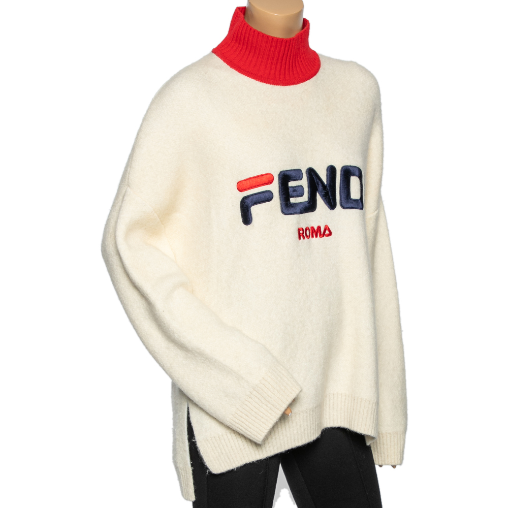 

Fendi Cream Knit Logo Embroidered Sweater