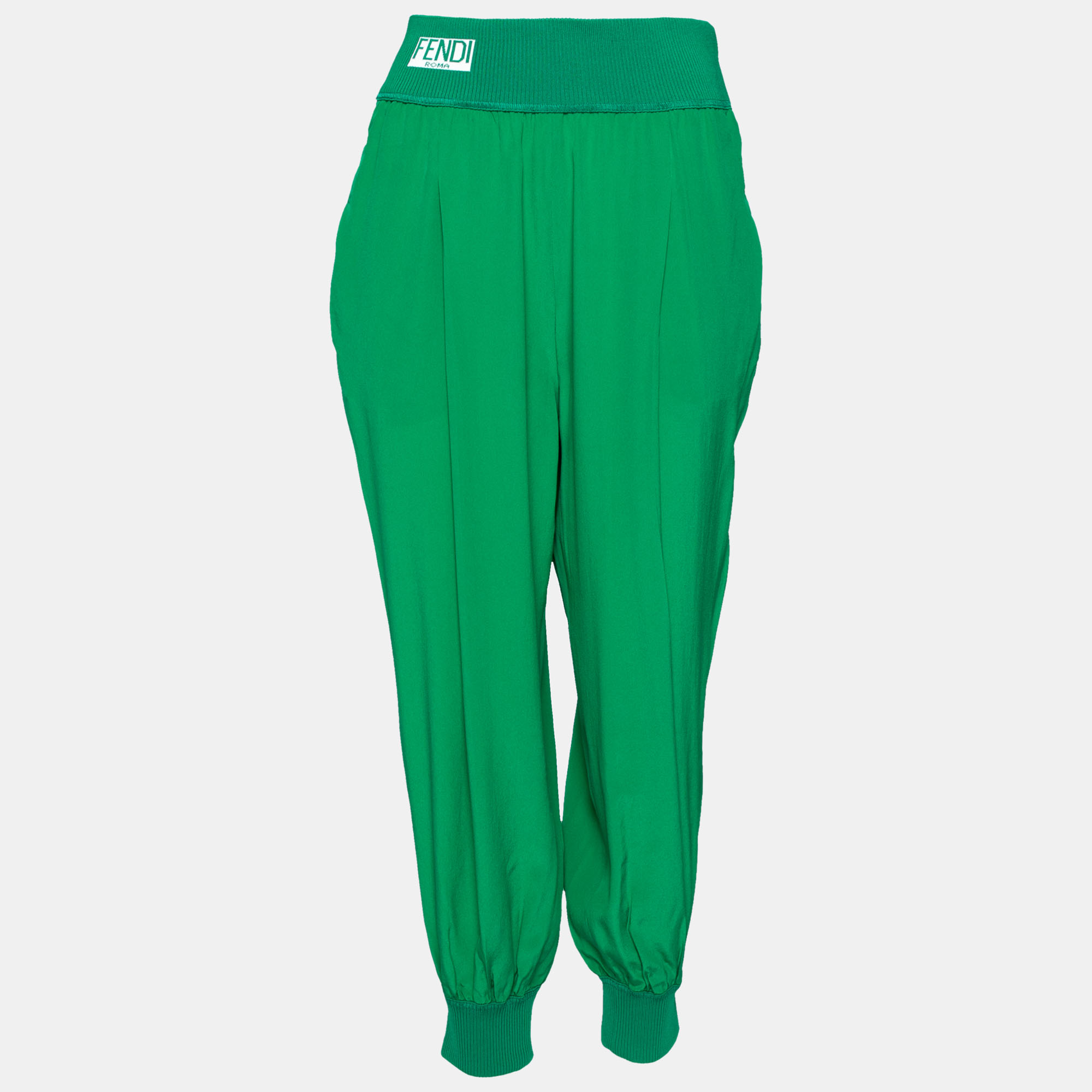 

Fendi Green Silk & Rib Knit Trimmed Pants M