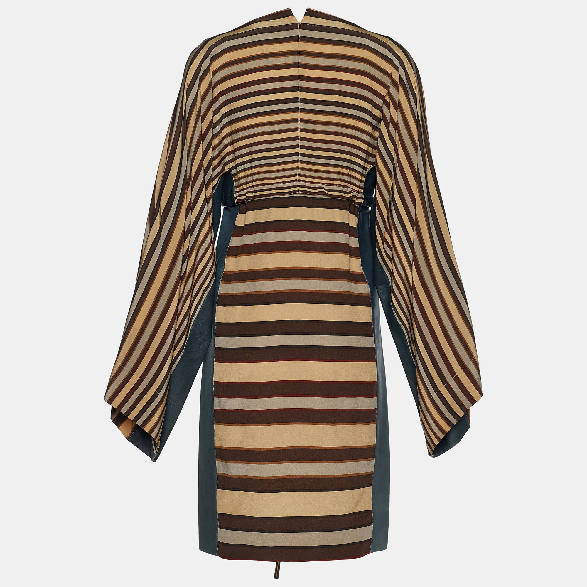 

Fendi Beige Striped Silk & Leather Inset Belted Dress