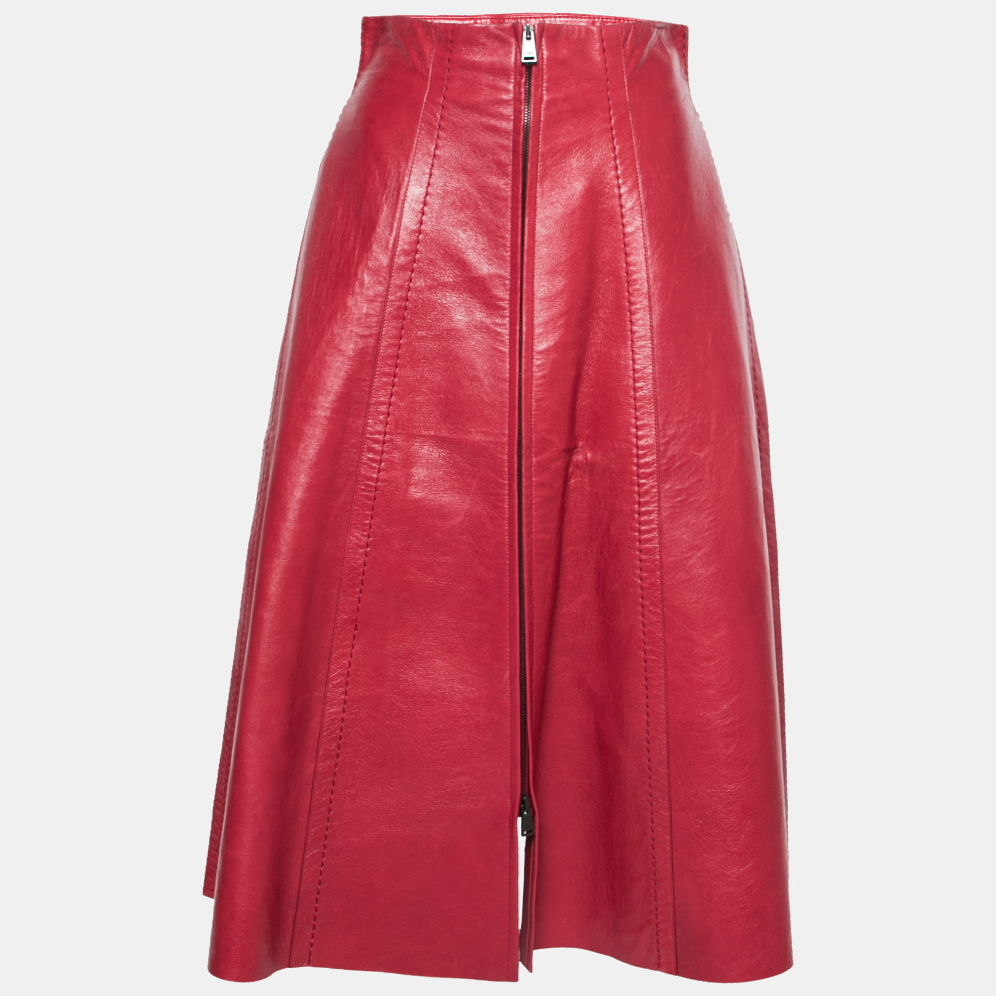 

Fendi Red Leather A Line Midi Skirt