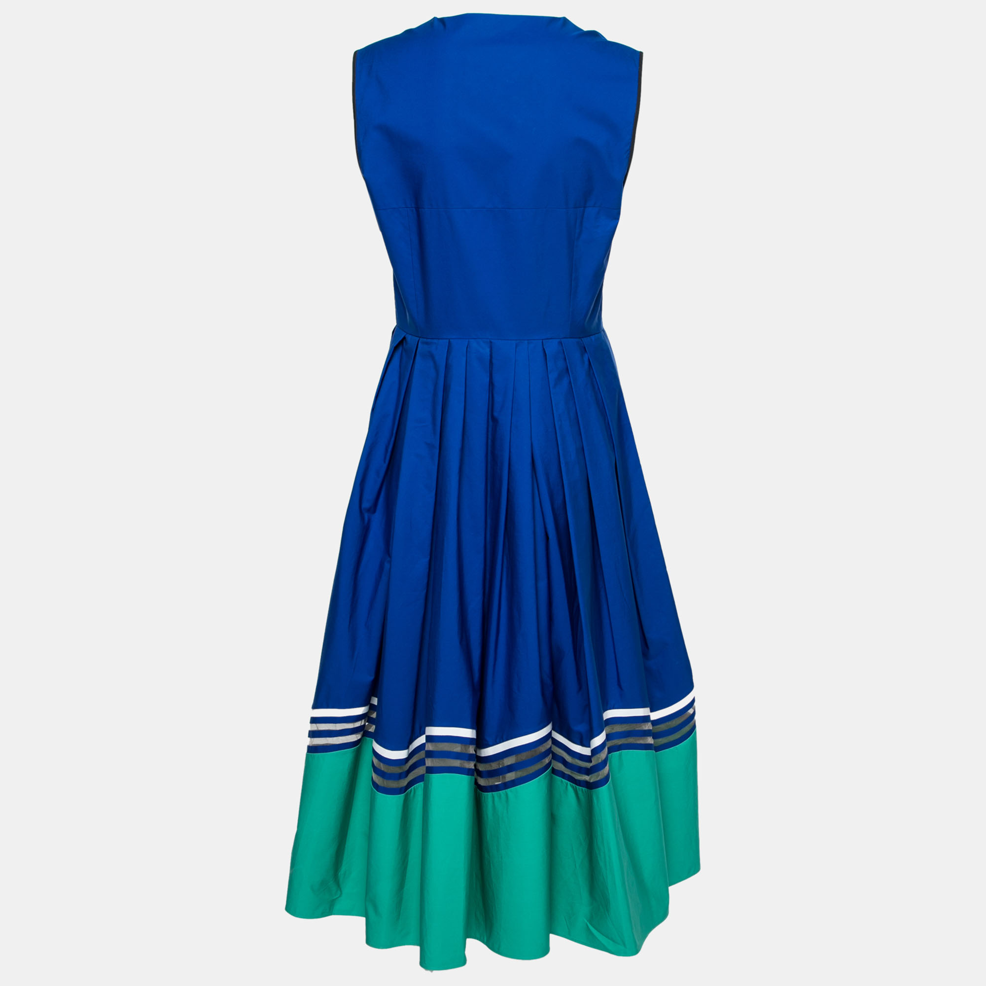 

Fendi Blue & Green Paneled Cotton Zip Front Flared Midi Dress