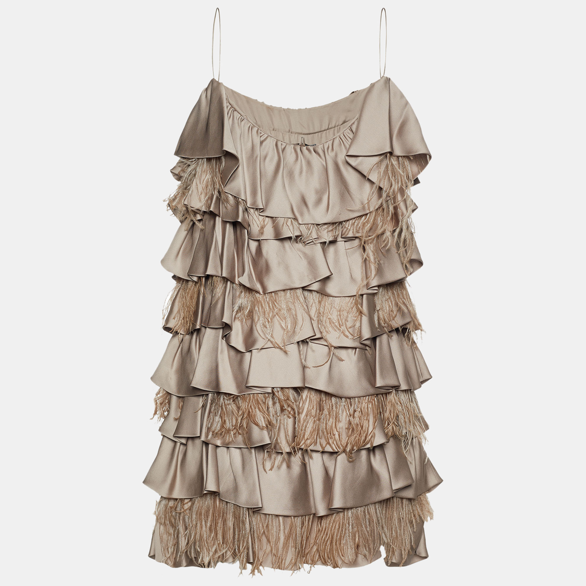 

Fendi Vintage Beige Silk & Ostrich Feather Ruffle Tiered Cocktail Dress