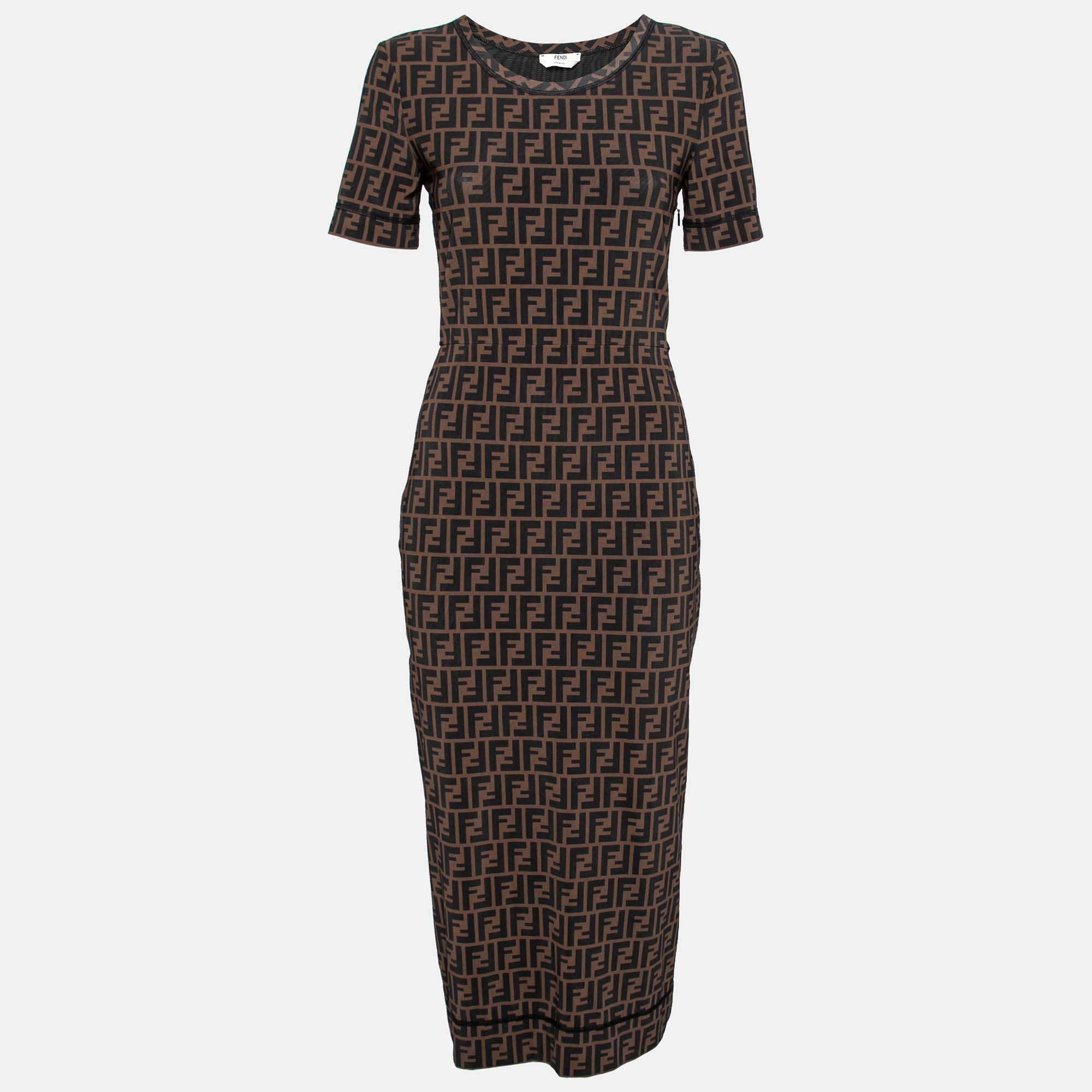 Pre Owned Fendi Brown Zucca Print Mesh Midi Dress S