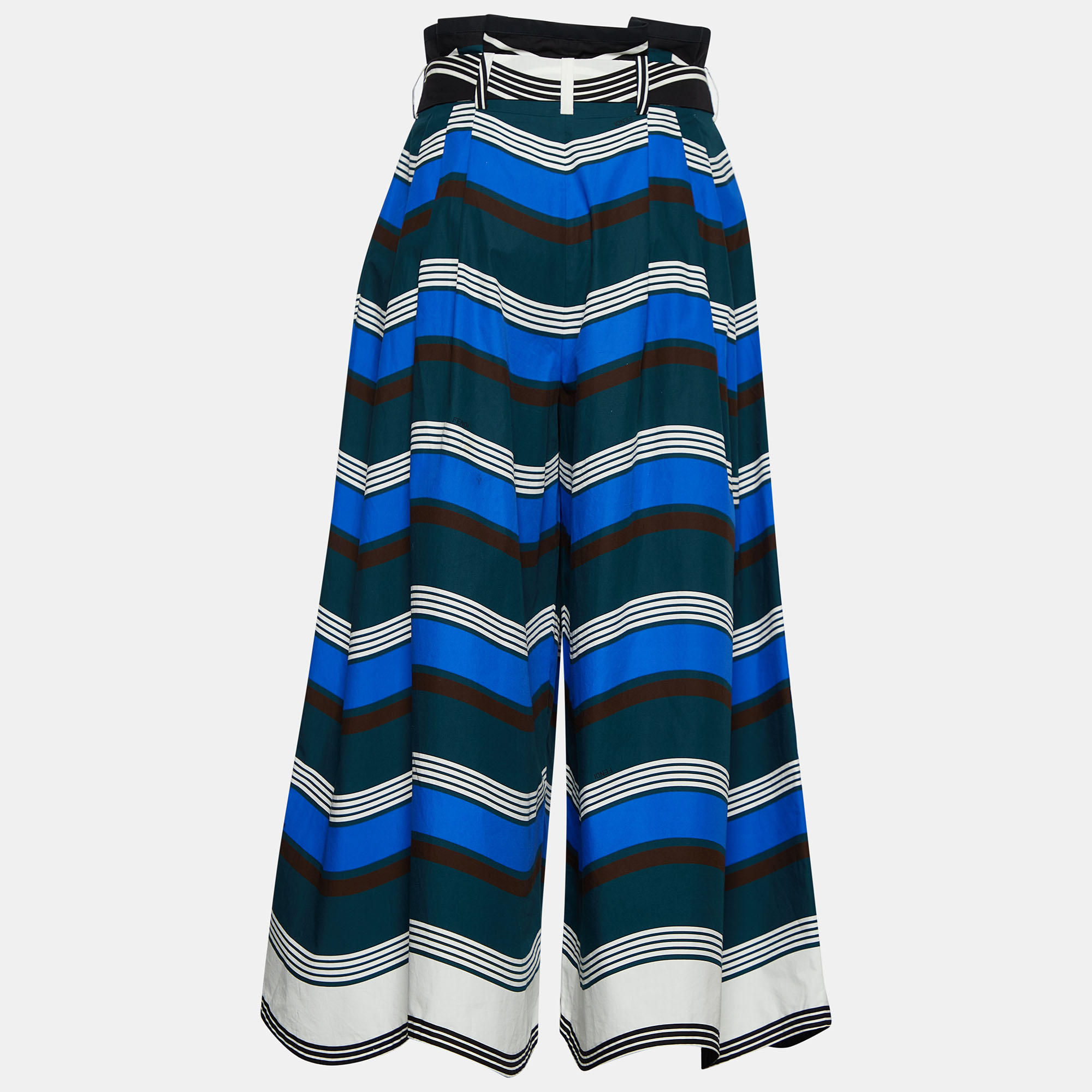 

Fendi Multicolor Wave Print Cotton Belted Wide Leg Trousers
