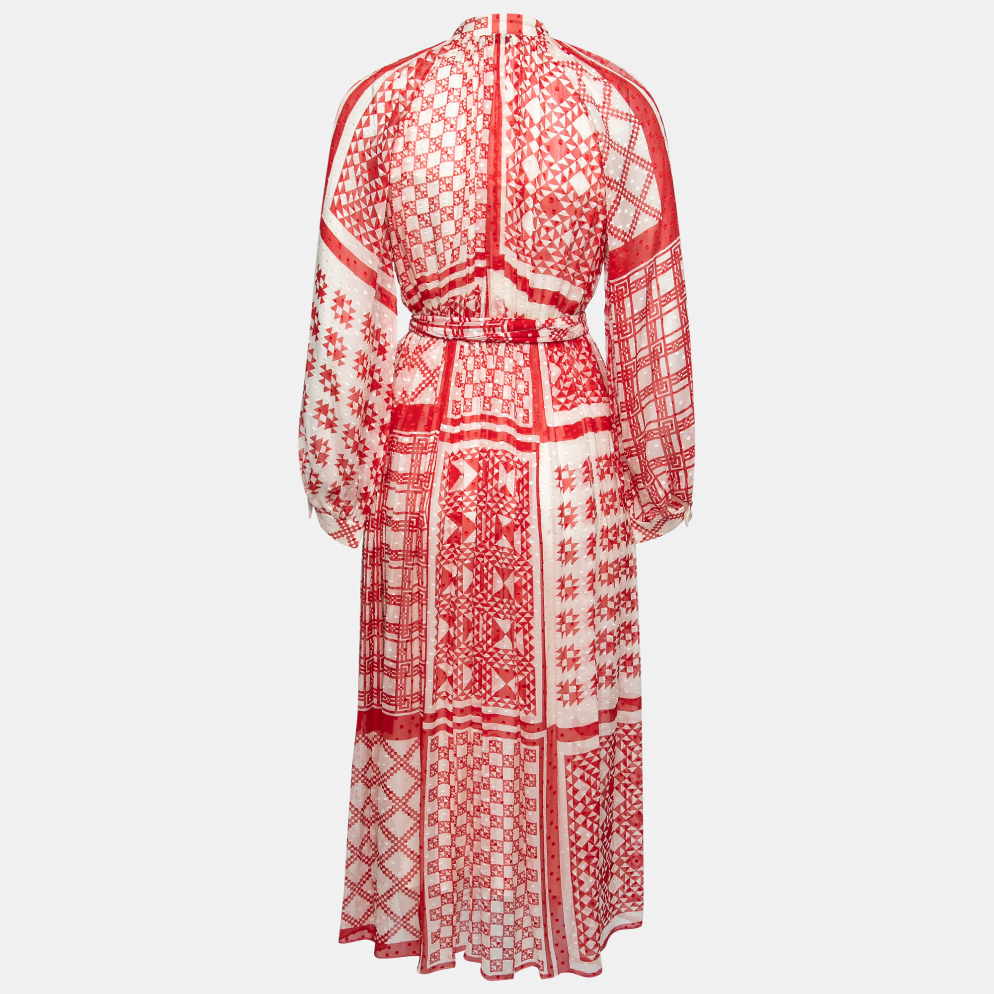 

Fendi Red Geometric Printed Silk Belted Maxi Dress