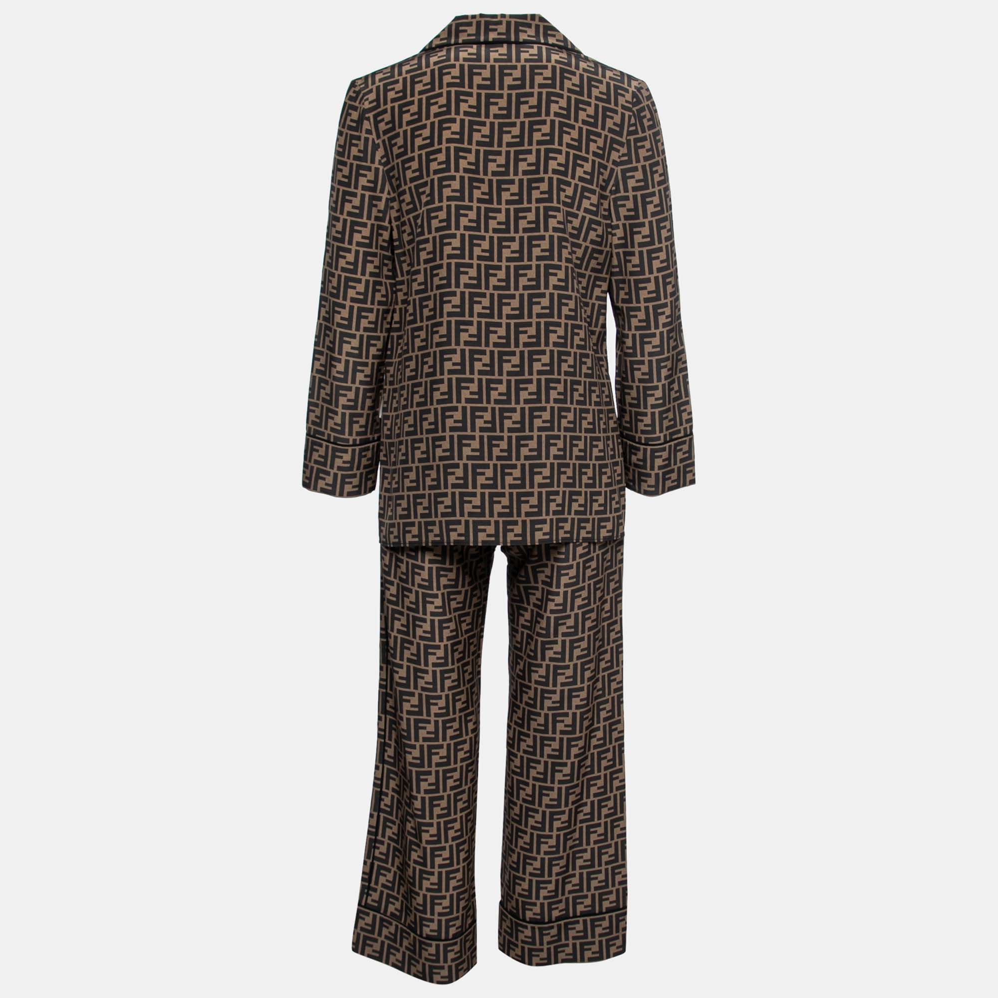 

Fendi Brown Zucca Print Silk Pajama Top & Pants Set