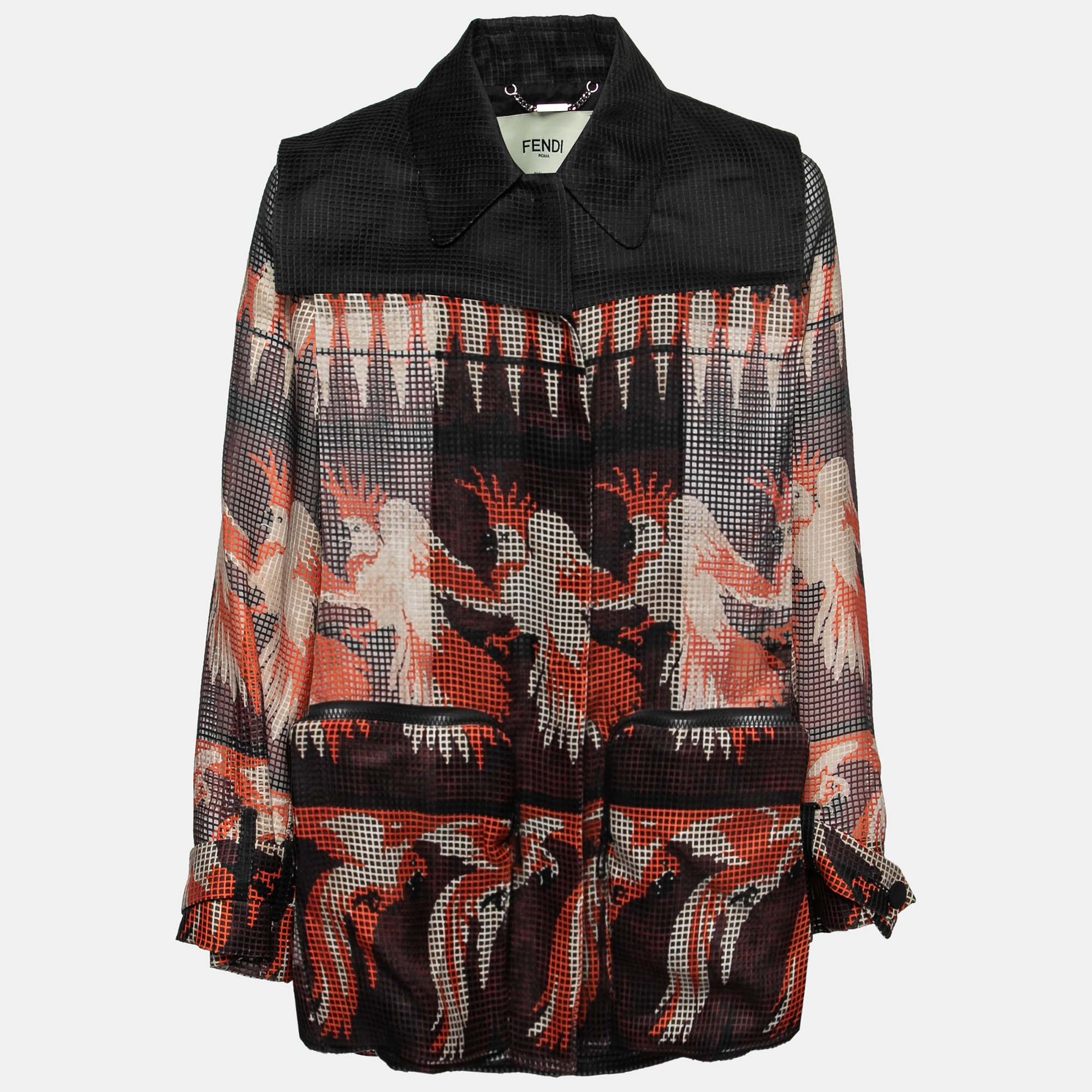 Pre Owned Fendi Black Printed Mesh Button Front Lightweight Jacket S