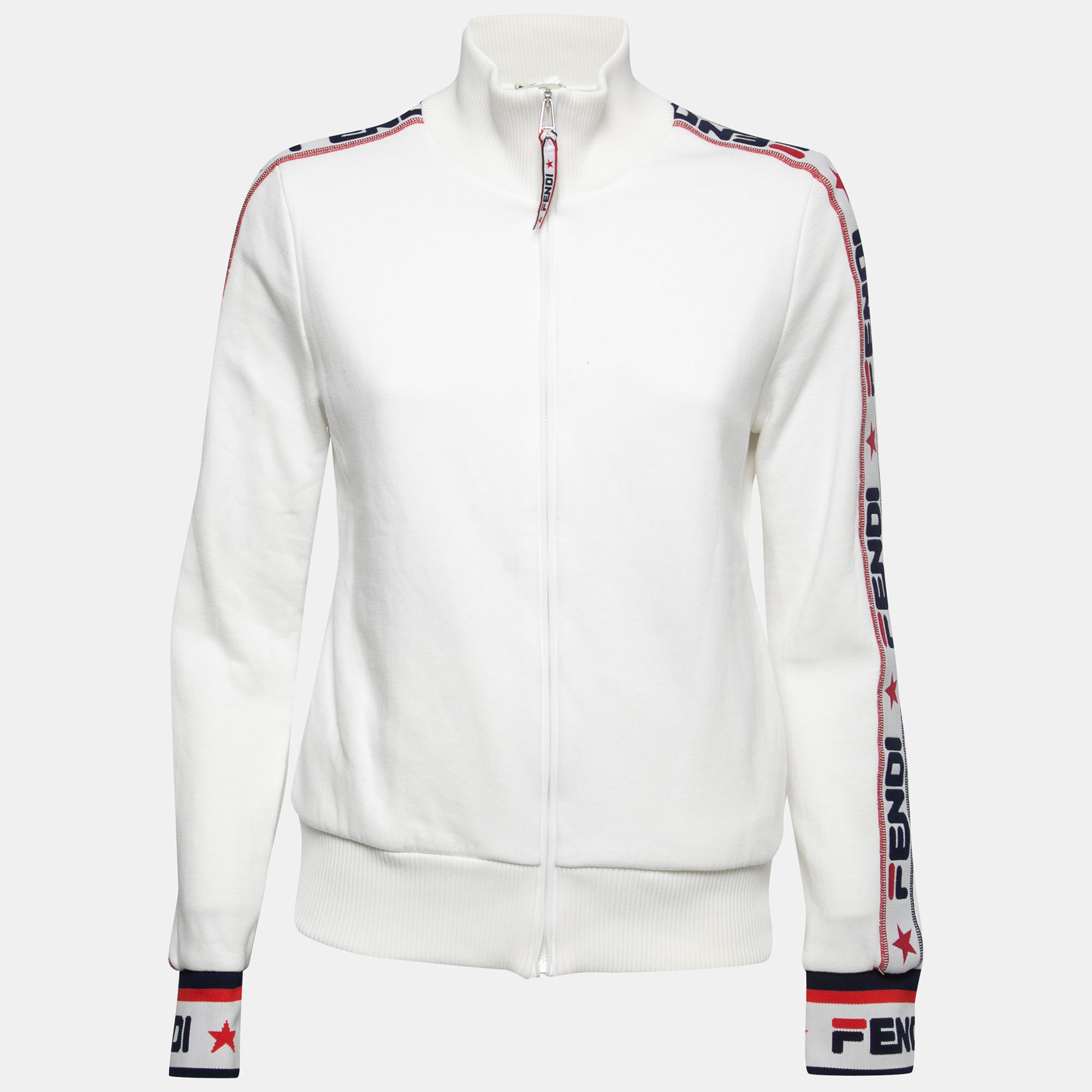 Fendi White Cotton Jersey Logo Stripe Detail Track Jacket M Fendi TLC