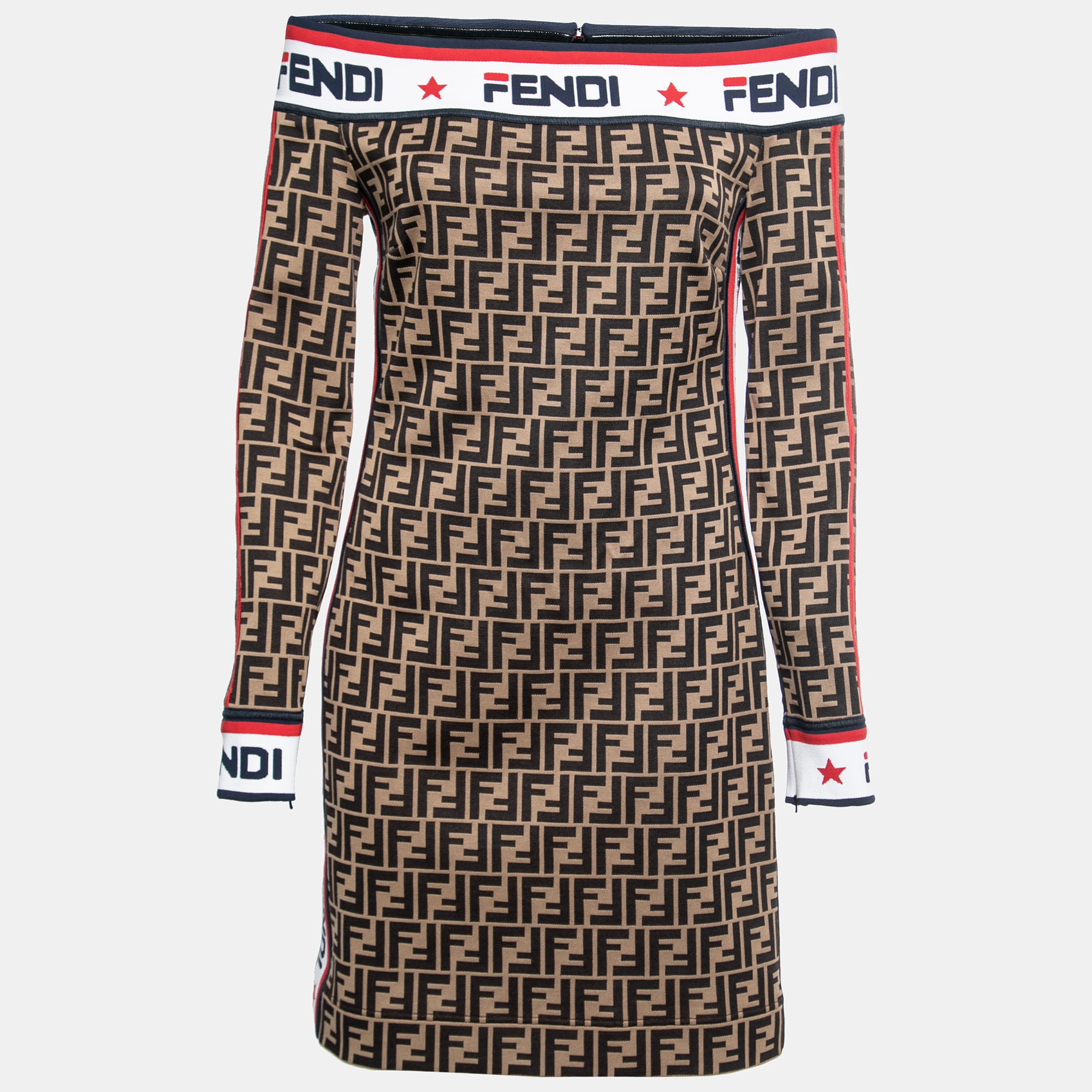 

Fendi Brown Zucca Jacquard Knit Logo Tape Trimmed Off-Shoulder Dress M