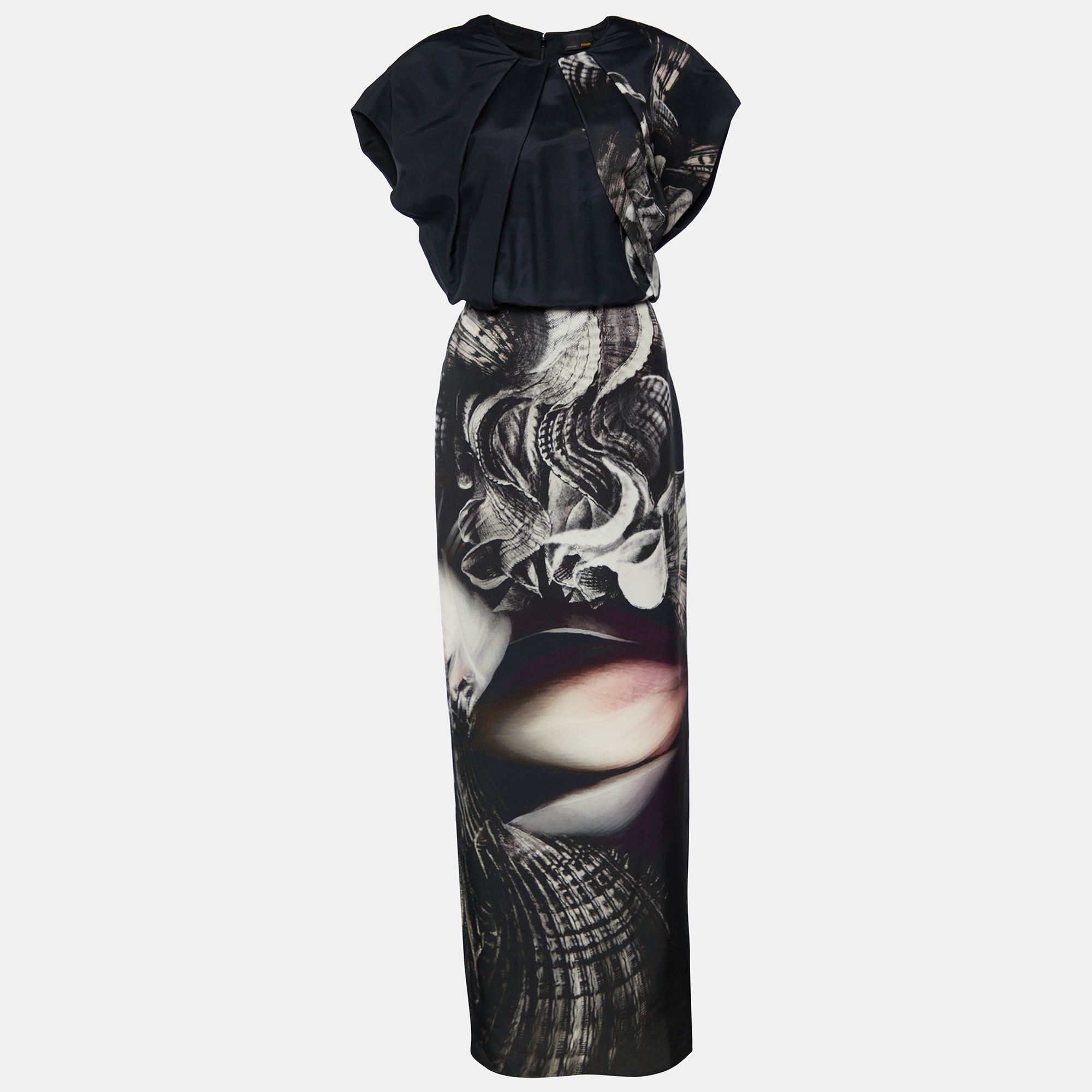 Pre Owned Fendi Black Printed Silk Maxi Dress M