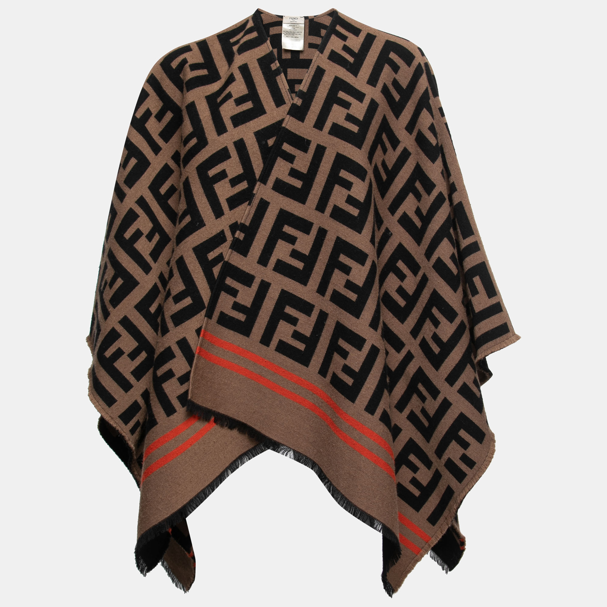 Pre Owned Fendi Brown Zucca Patterned Wool Poncho One Size