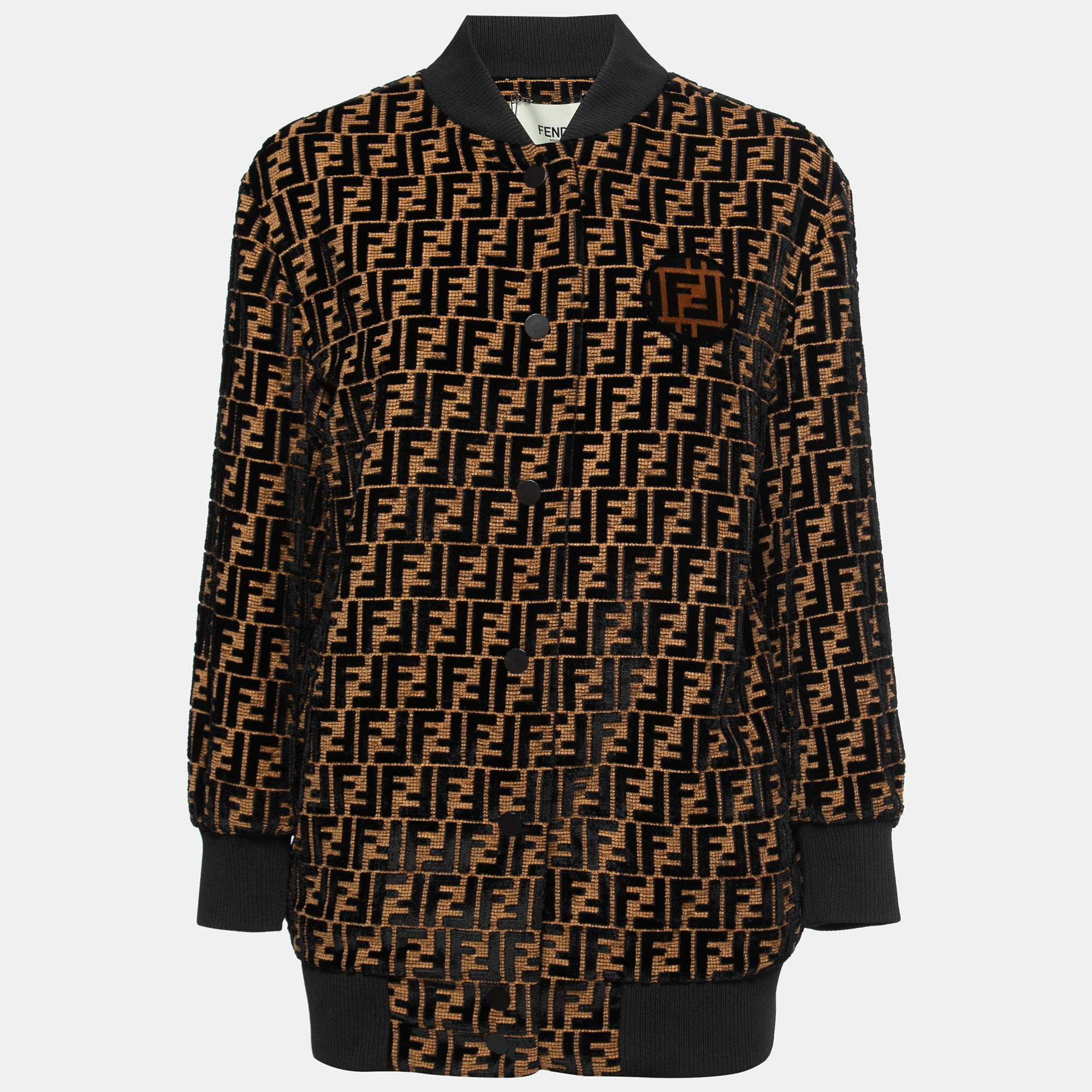 Pre Owned Fendi Black/Gold FF Logo Velvet Bomber Jacket S