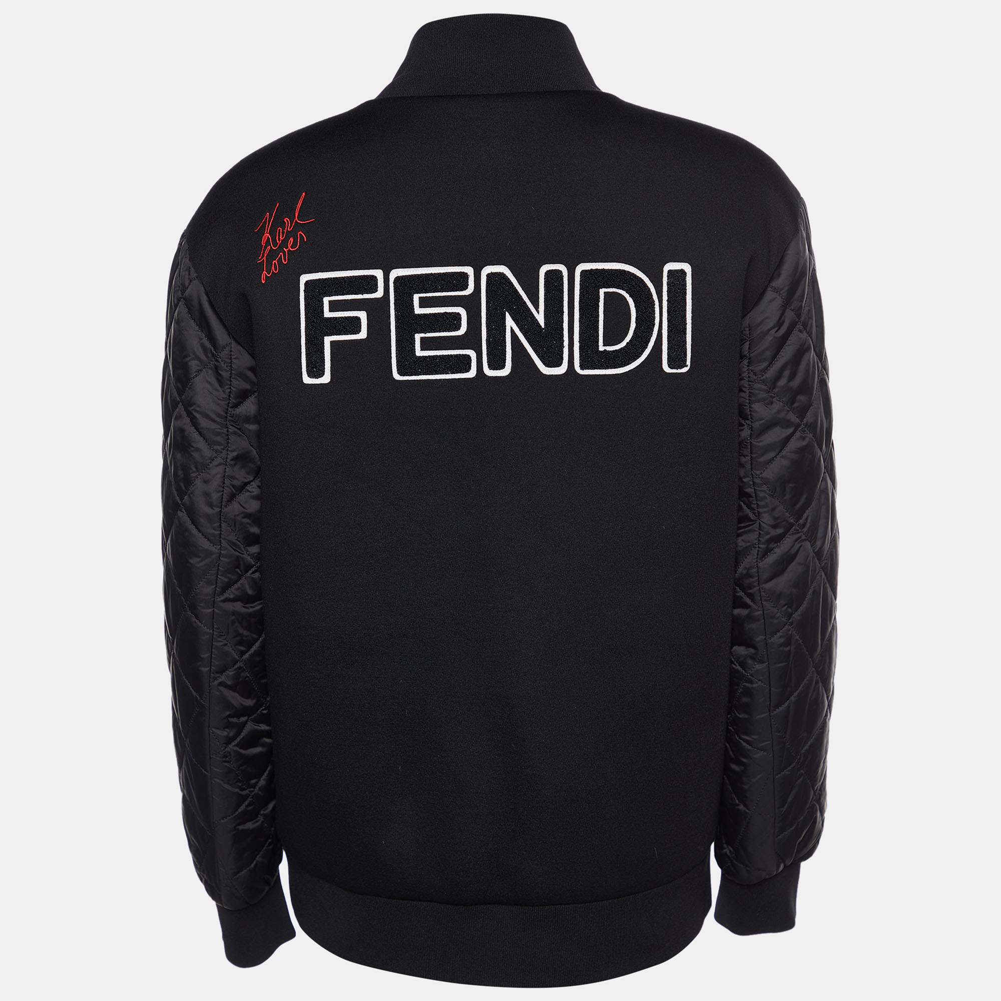

Fendi Karlito Black Logo Applique Detail Quilted Down Bomber Jacket