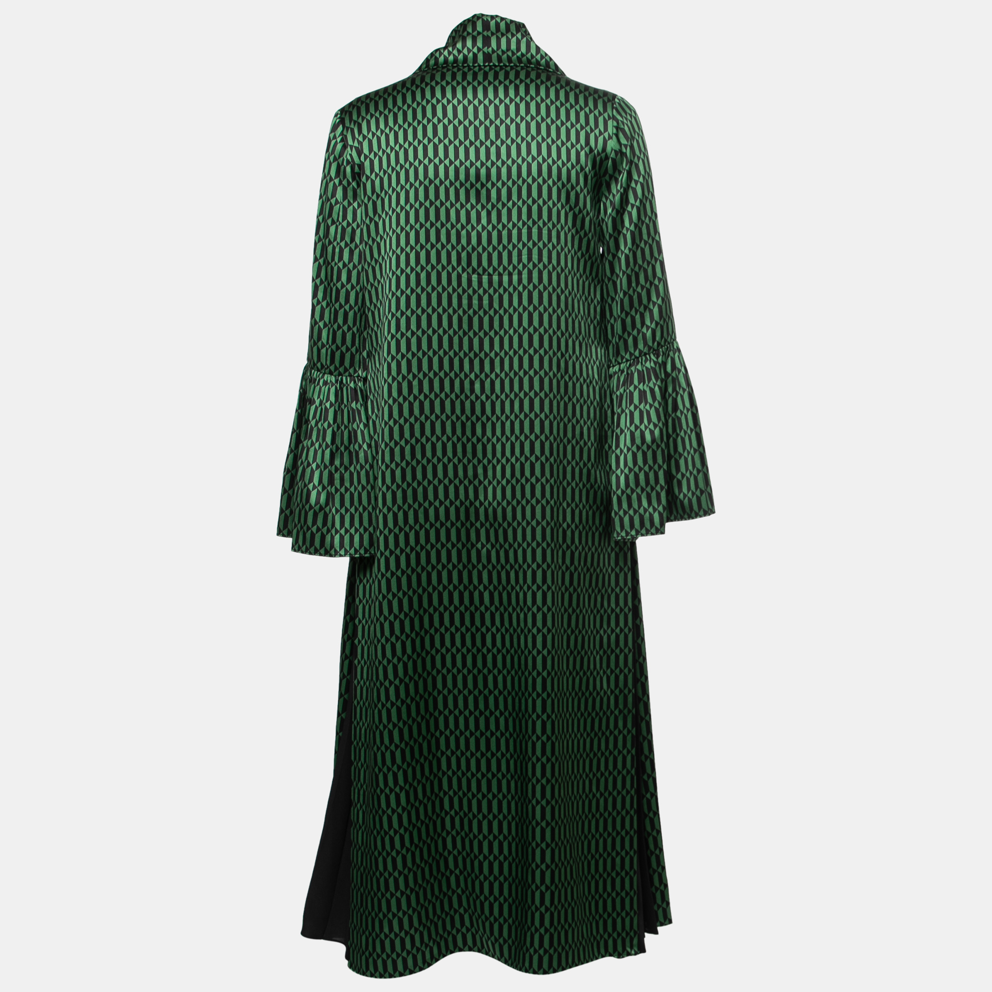

Fendi Green Geometric Patterned Silk Tie Neck Pleated Midi Dress