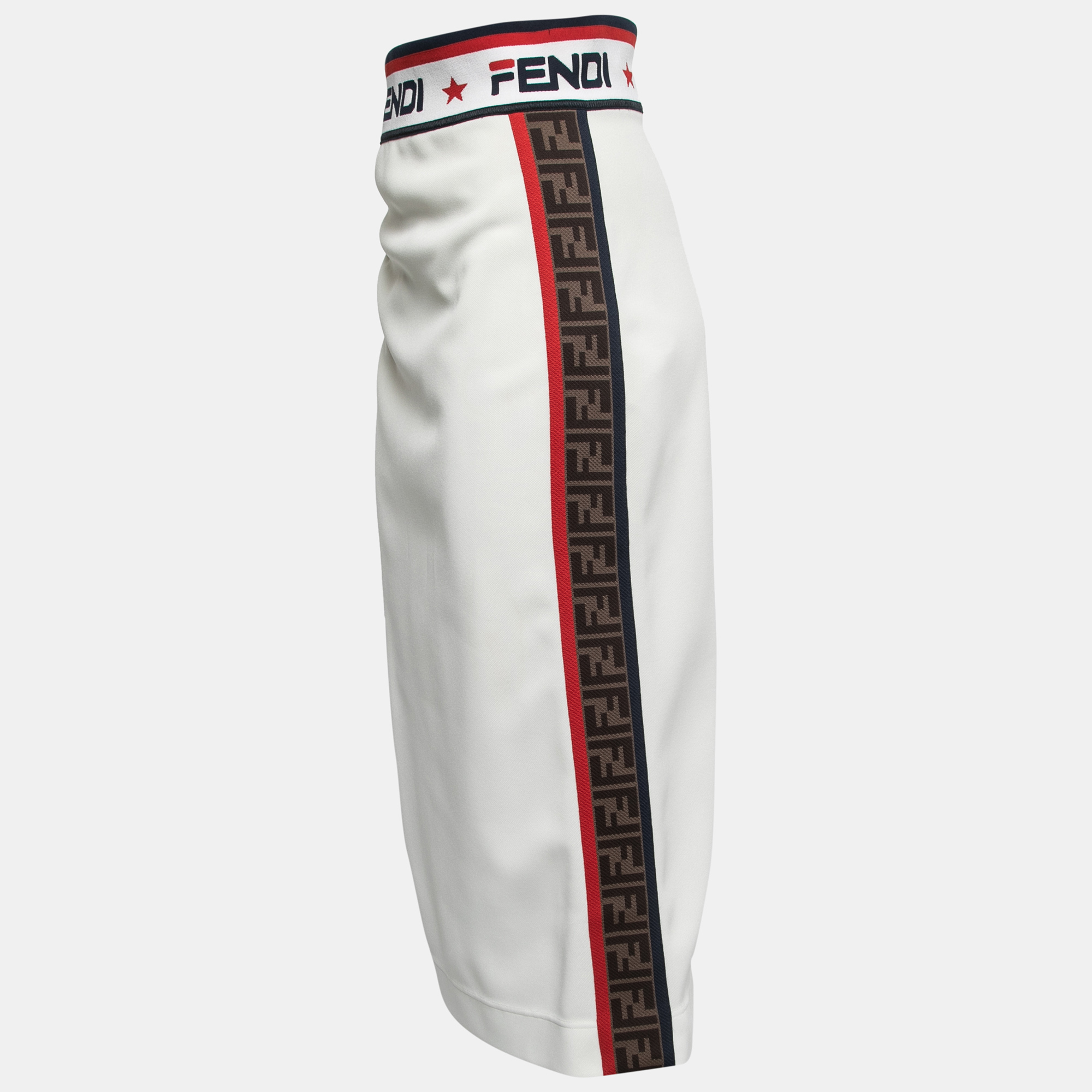 

Fendi White Jersey Zucca Motif Stripe Detail Midi Pencil Skirt