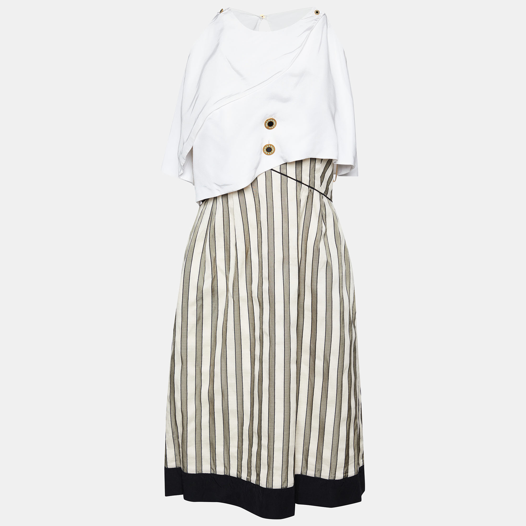 Pre-owned Fendi Cream & Green Striped Cotton Silk Overlay Detail Mini Dress S