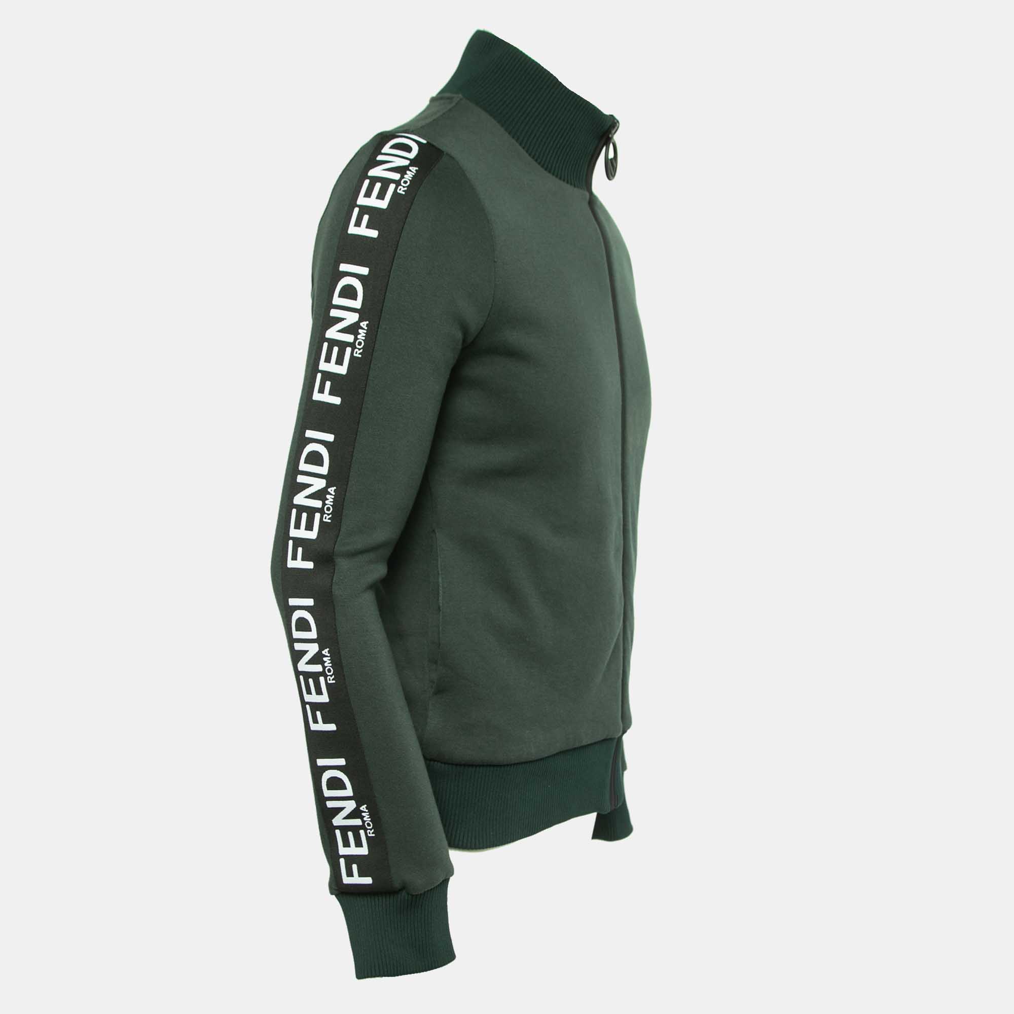 

Fendi Dark Green Cotton Knit Logo Band Detail Zip-Up Jacket