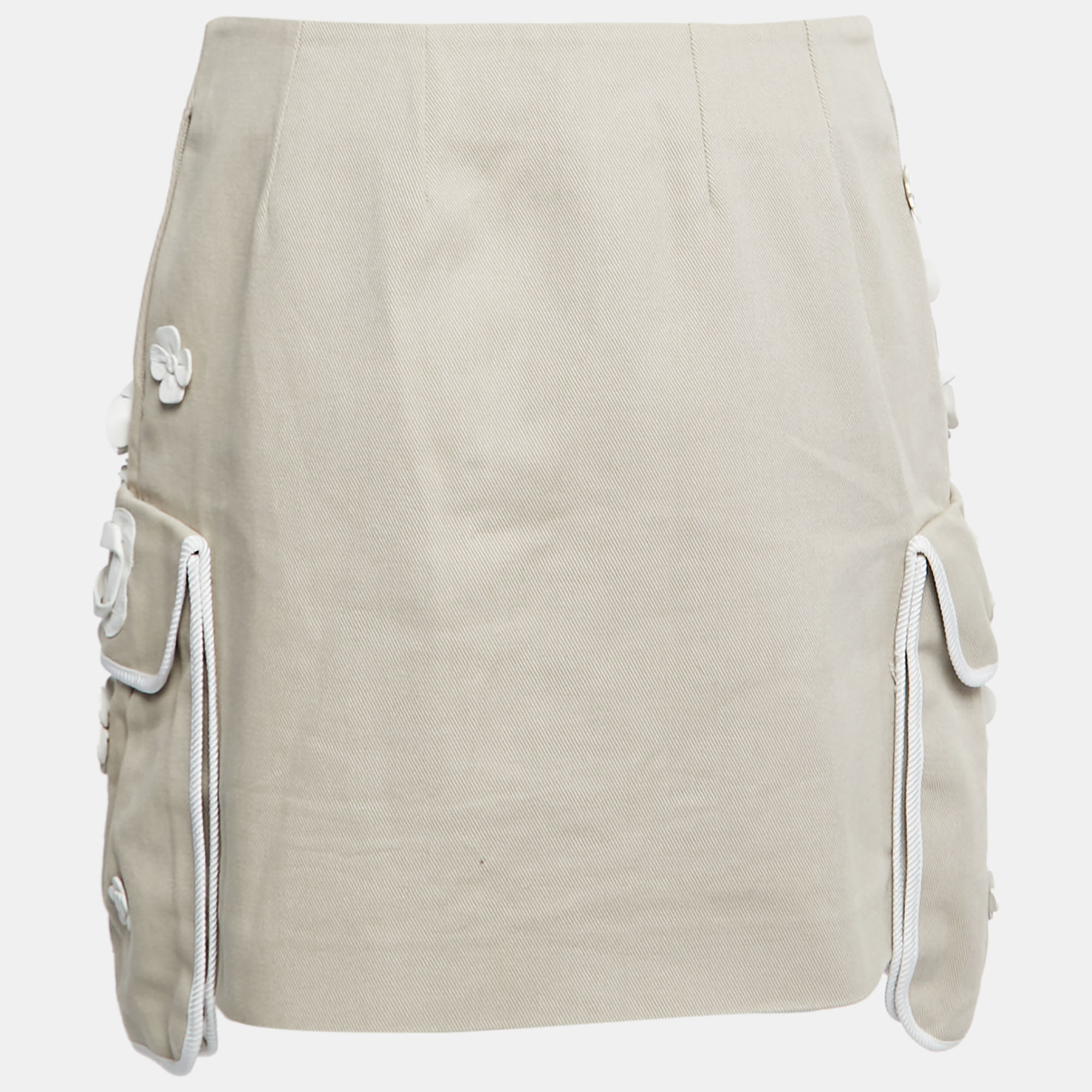 

Fendi Beige Cotton Twill Floral Embellished Pocket Detail Mini Skirt