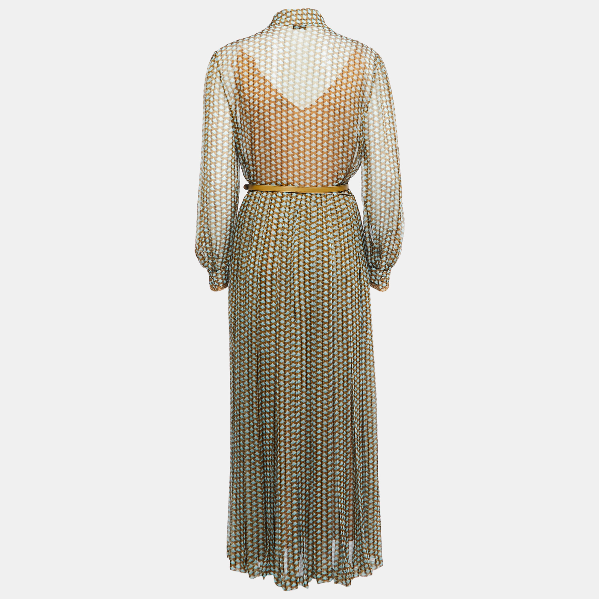 

Fendi Olive Green Printed Pleated Silk Belted Maxi Dress