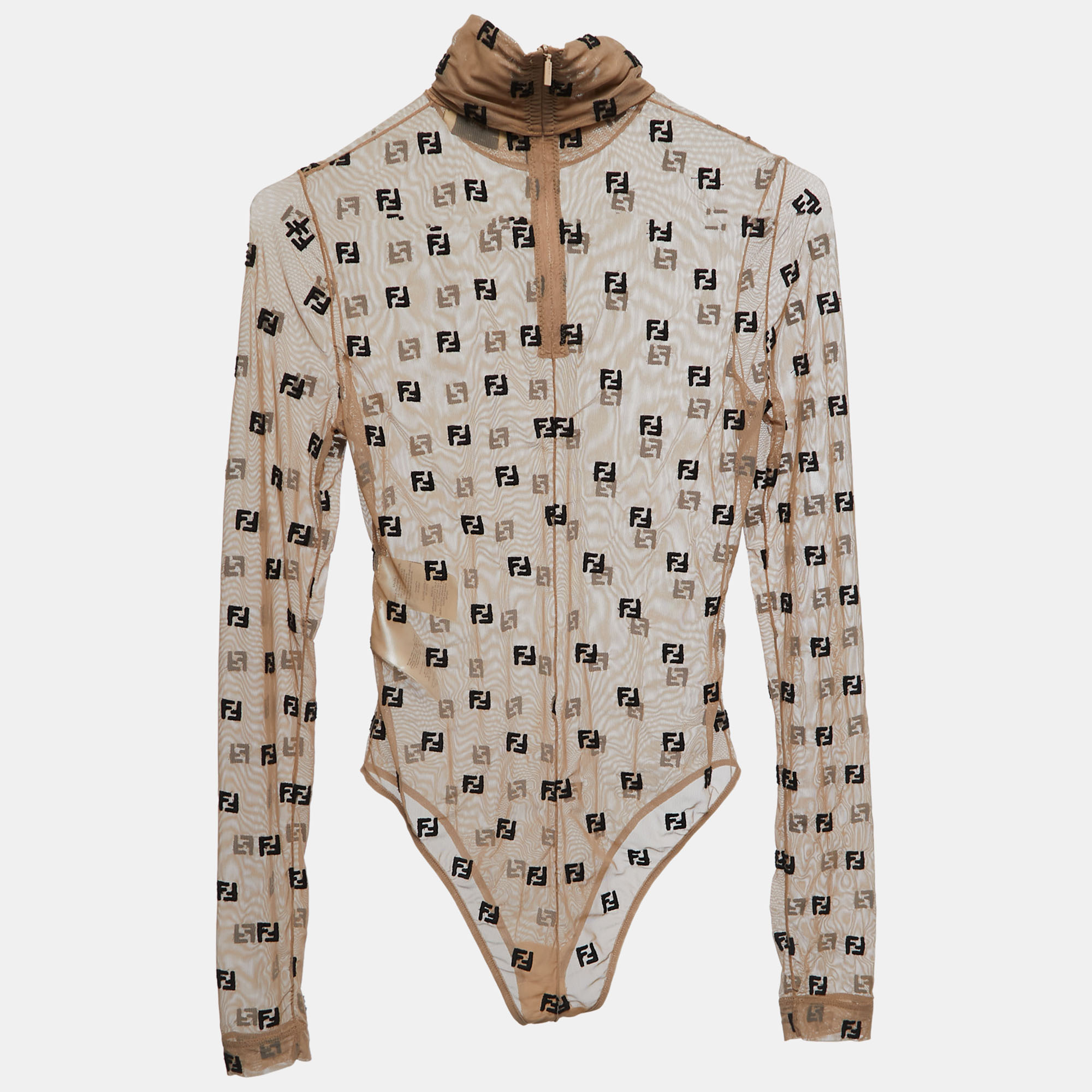 

Fendi Brown Tulle Logo Embroidered High Neck Sheer Bodysuit