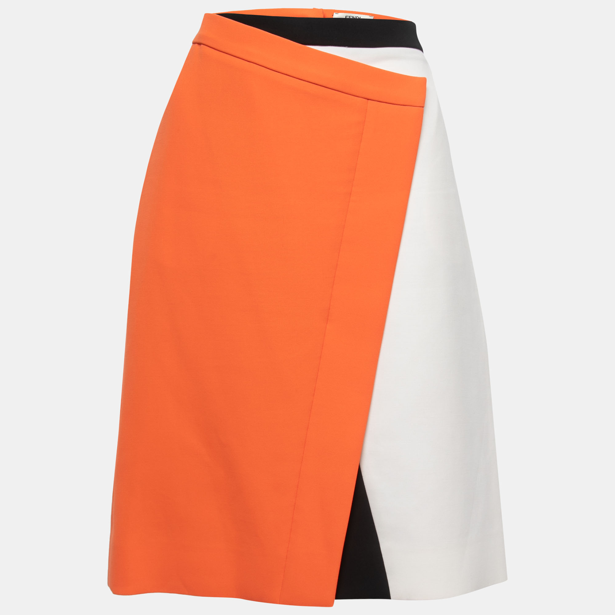 Pre owned Fendi Orange white Crepe Overlap Detail Knee Length Skirt M ModeSens