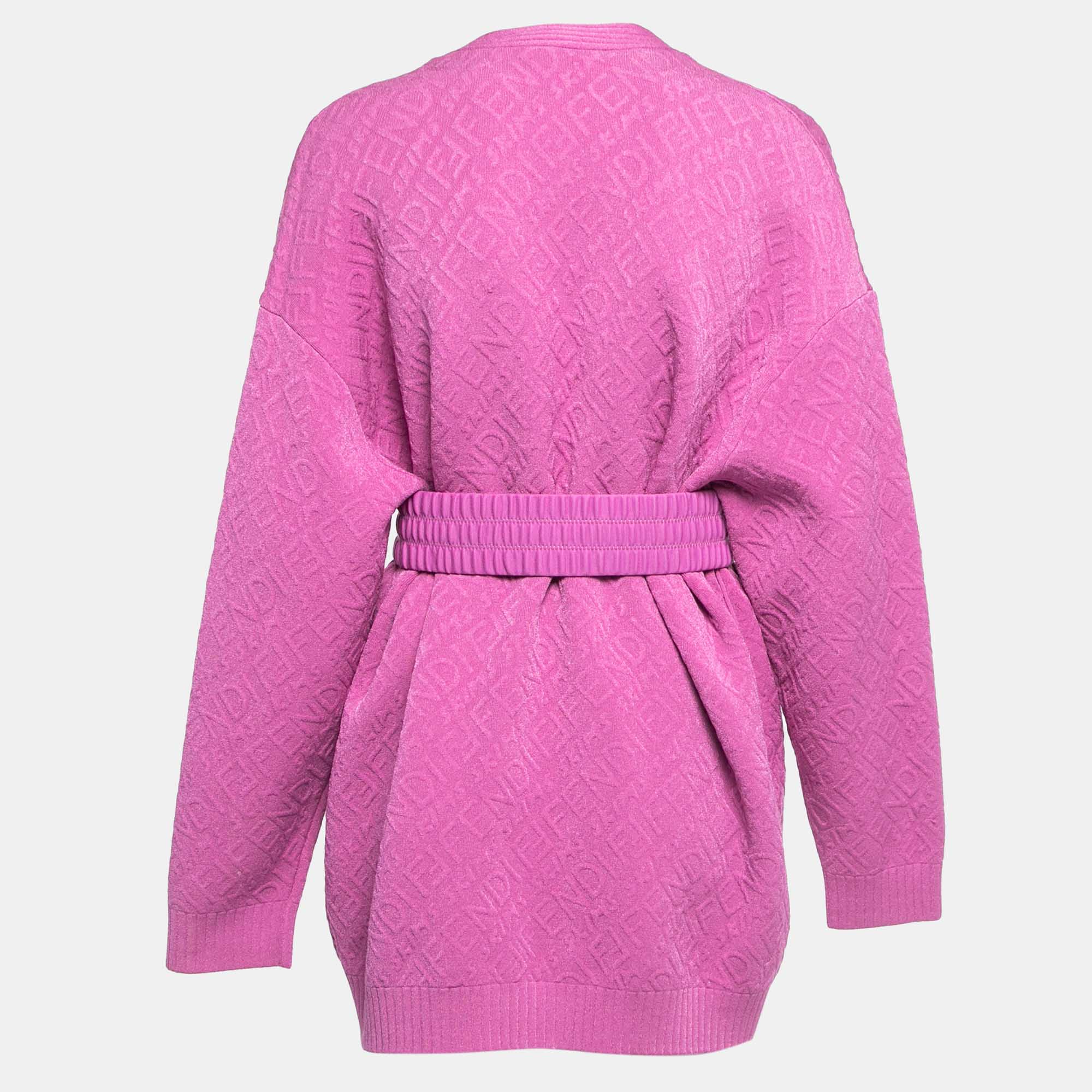 

Fendi X Skims Pink Logo Embossed Knit Button Front Belted Cardigan