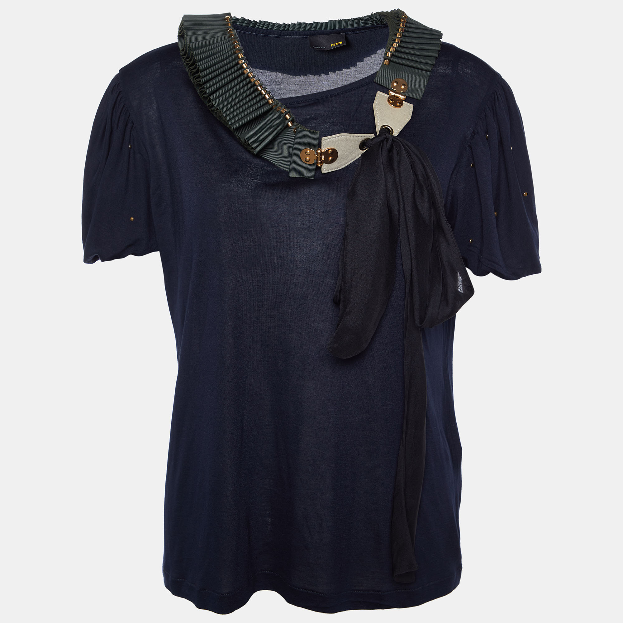 Pre-owned Fendi Navy Blue Knit Neck Trim Detail T-shirt M