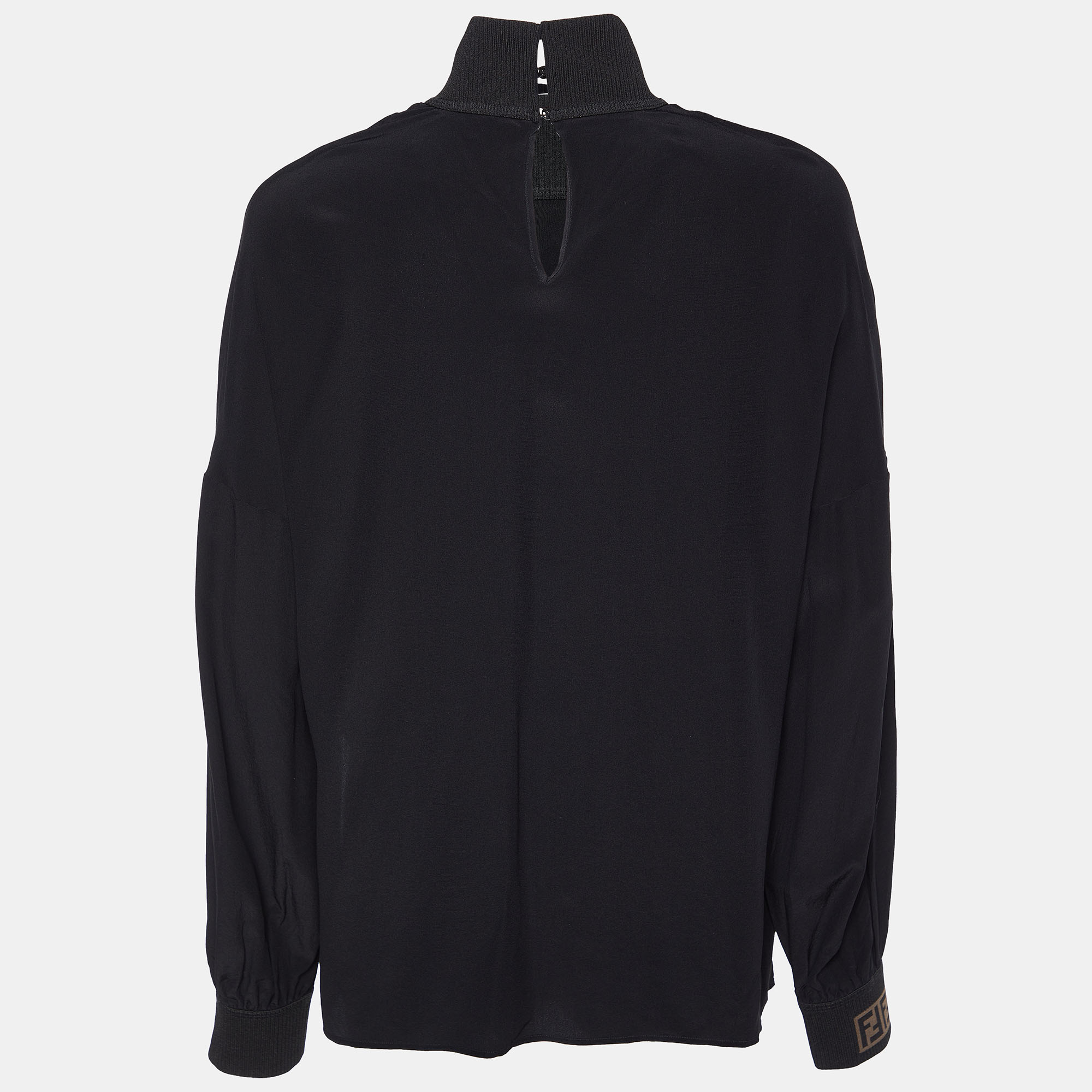 

Fendi Black Silk & Logo Knit Detail Top