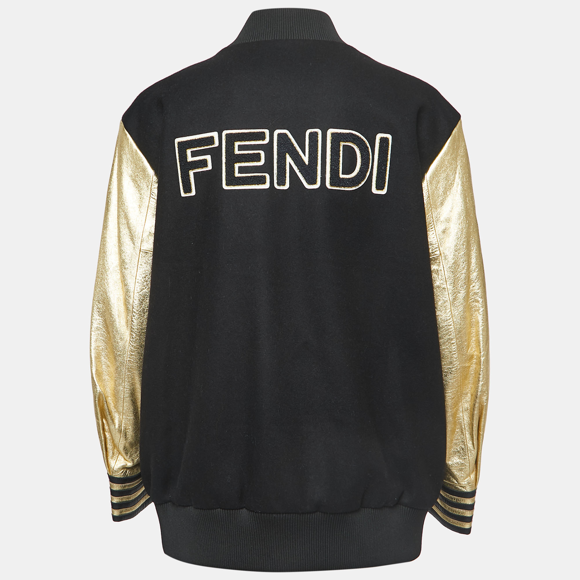 

Fendi Black Wool & Gold Leather Sleeve Bomber Jacket