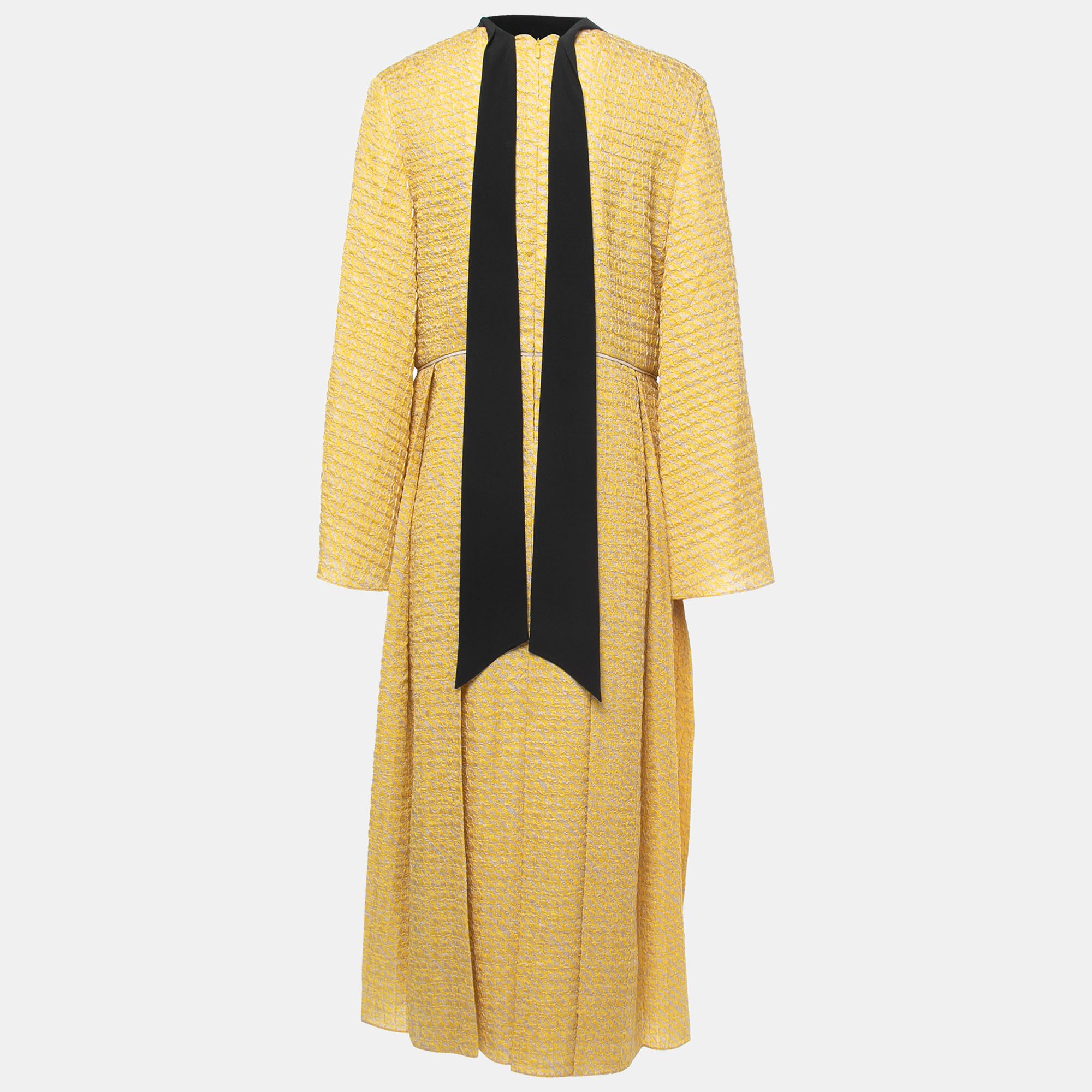 

Fendi Yellow Textured Silk Collar Tie Midi Dress