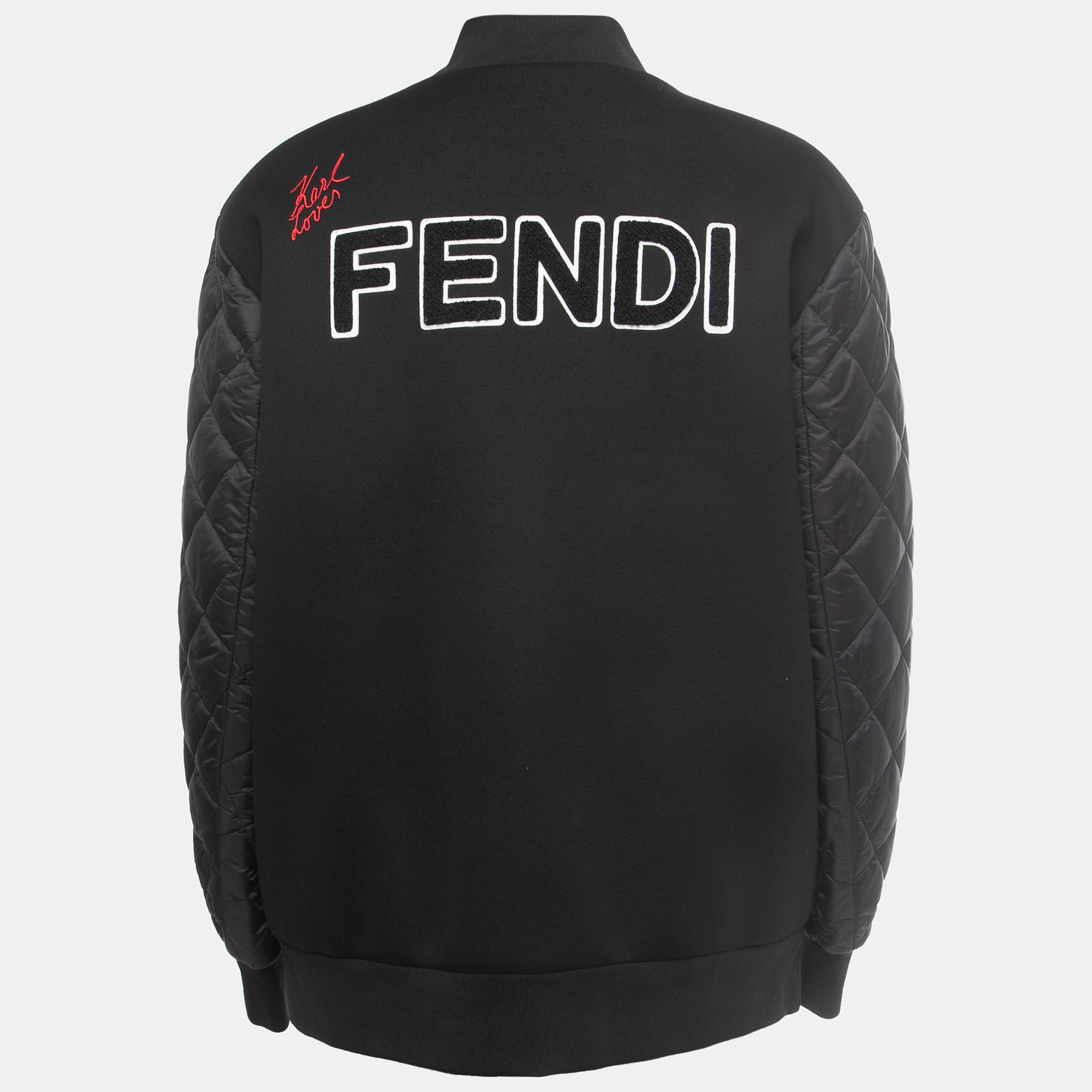 

Fendi Karlito Black Logo Applique Detail Quilted Down Bomber Jacket