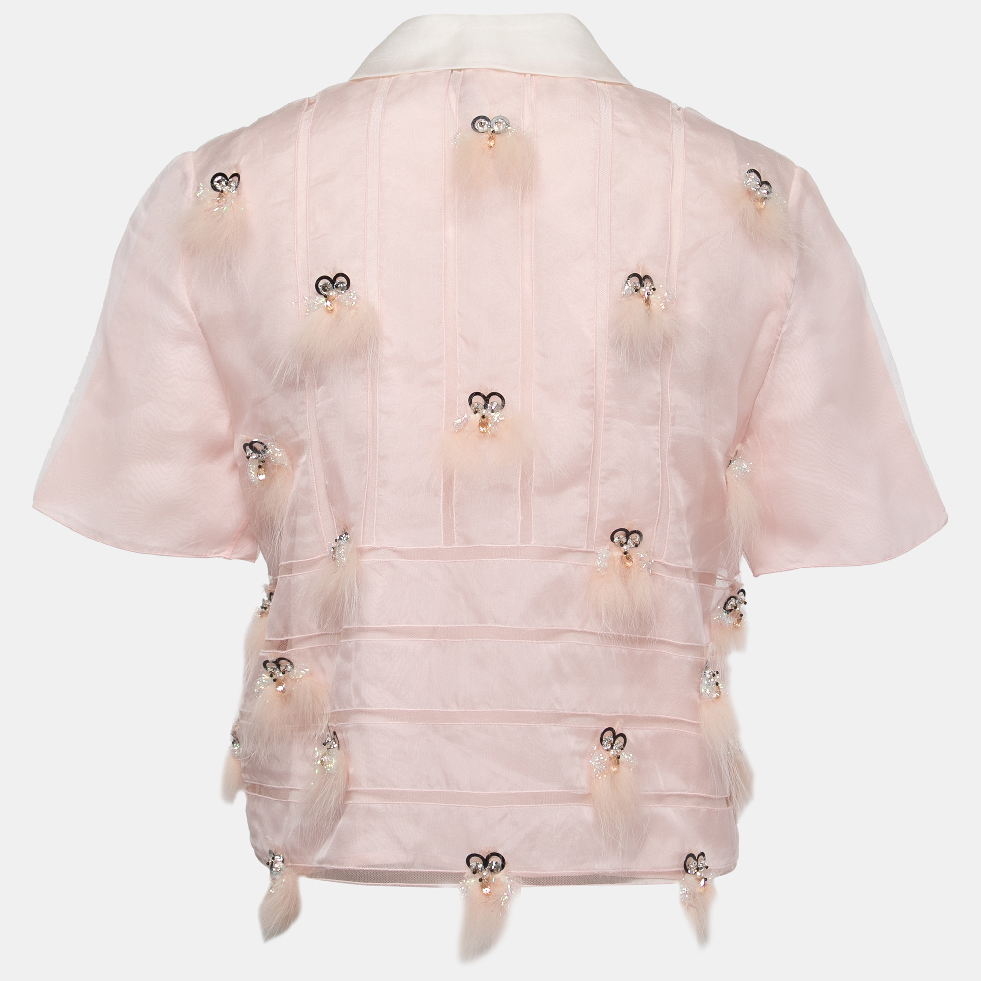 

Fendi Pink Embellished Silk Contrast Collar Shirt