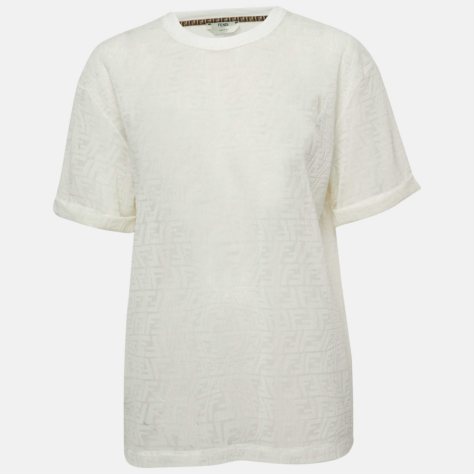 Pre-owned Fendi Ivory White Wave Ff Mesh T-shirt M