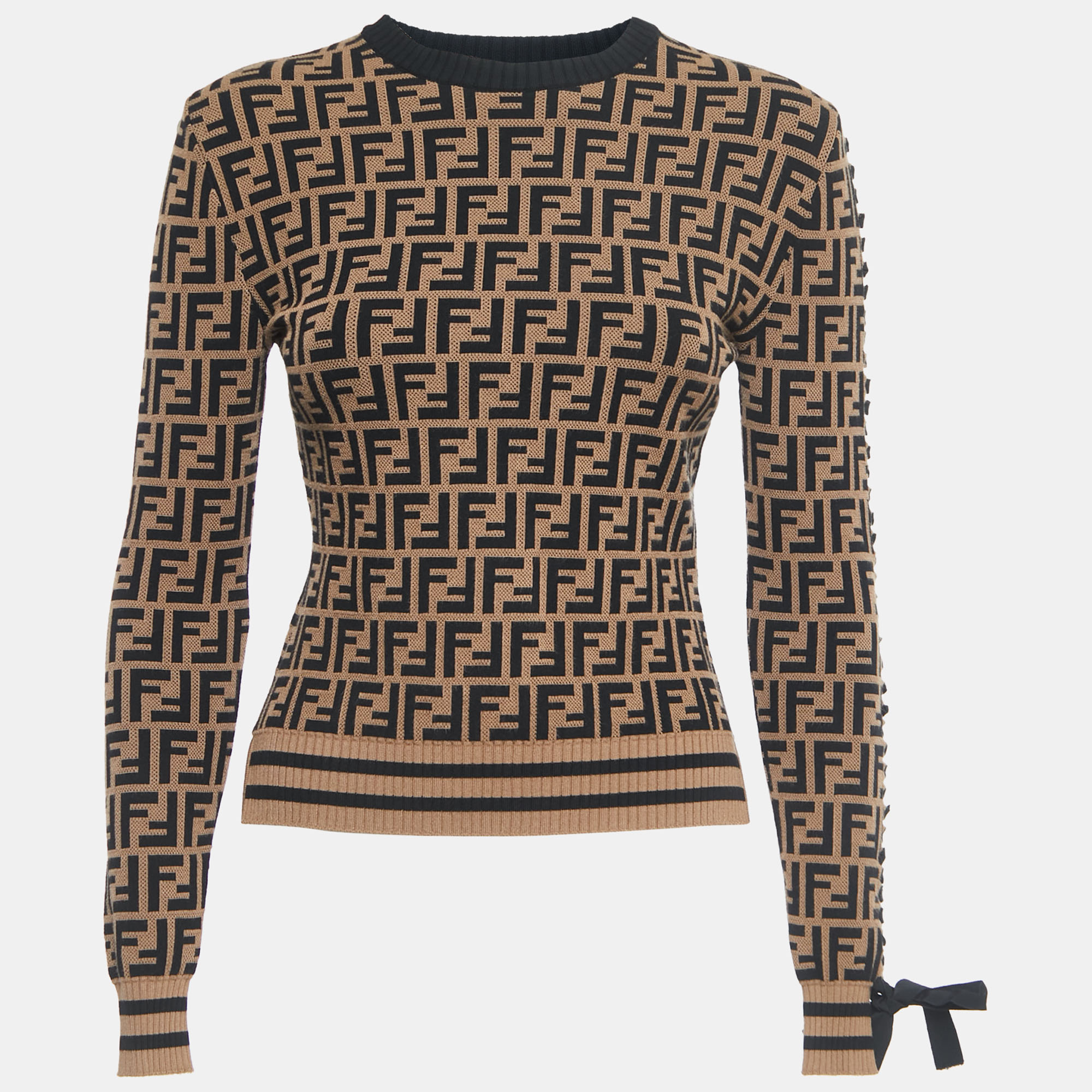 Pre Owned Fendi Brown FF Logo Intarsia Knit Jumper XS