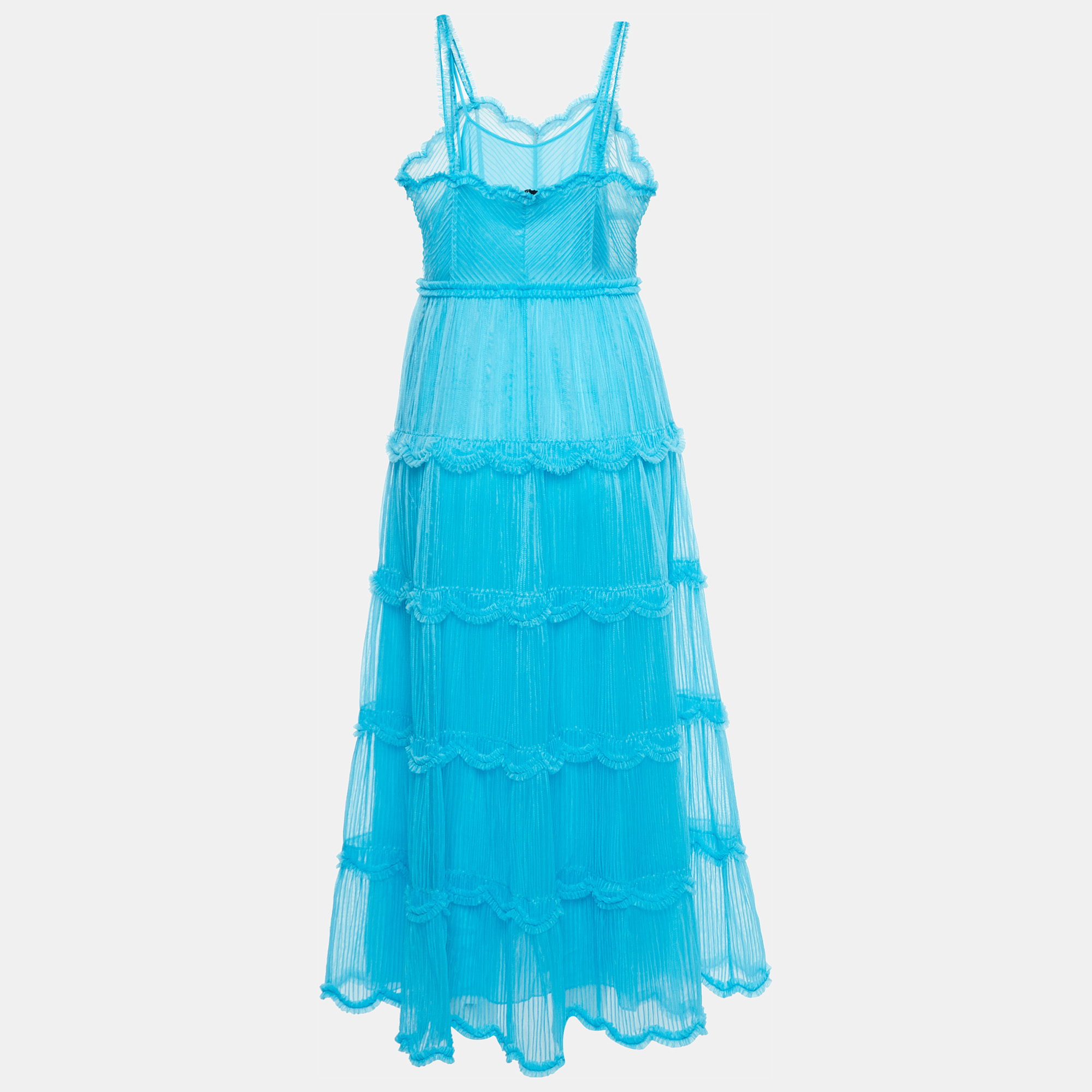 

Fendi Blue Tulle Ruffle Trimmed Sleeveless Midi Dress