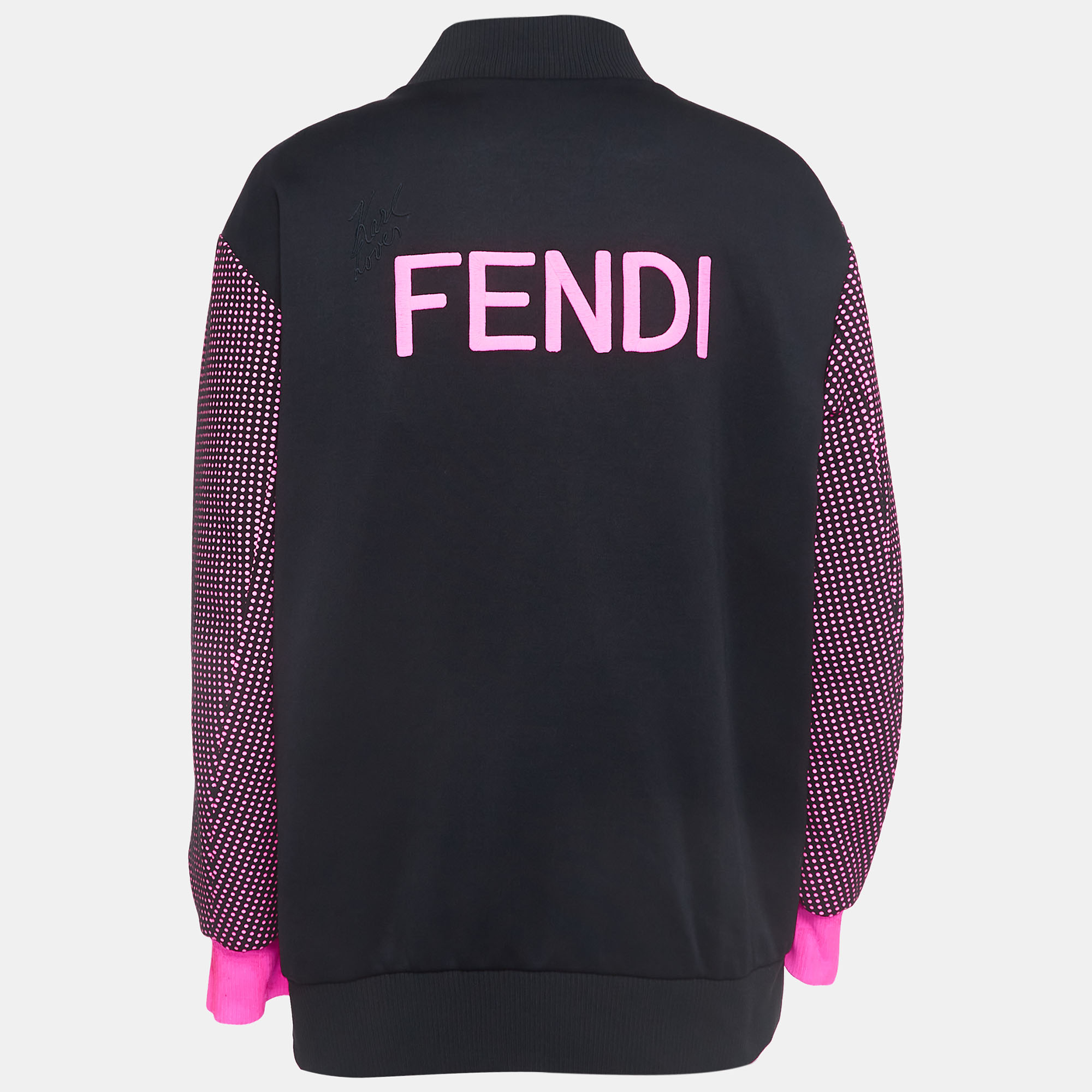 

Fendi Neon Pink/Black Polka Dots Synthetic Applique Detail Bomber Jacket