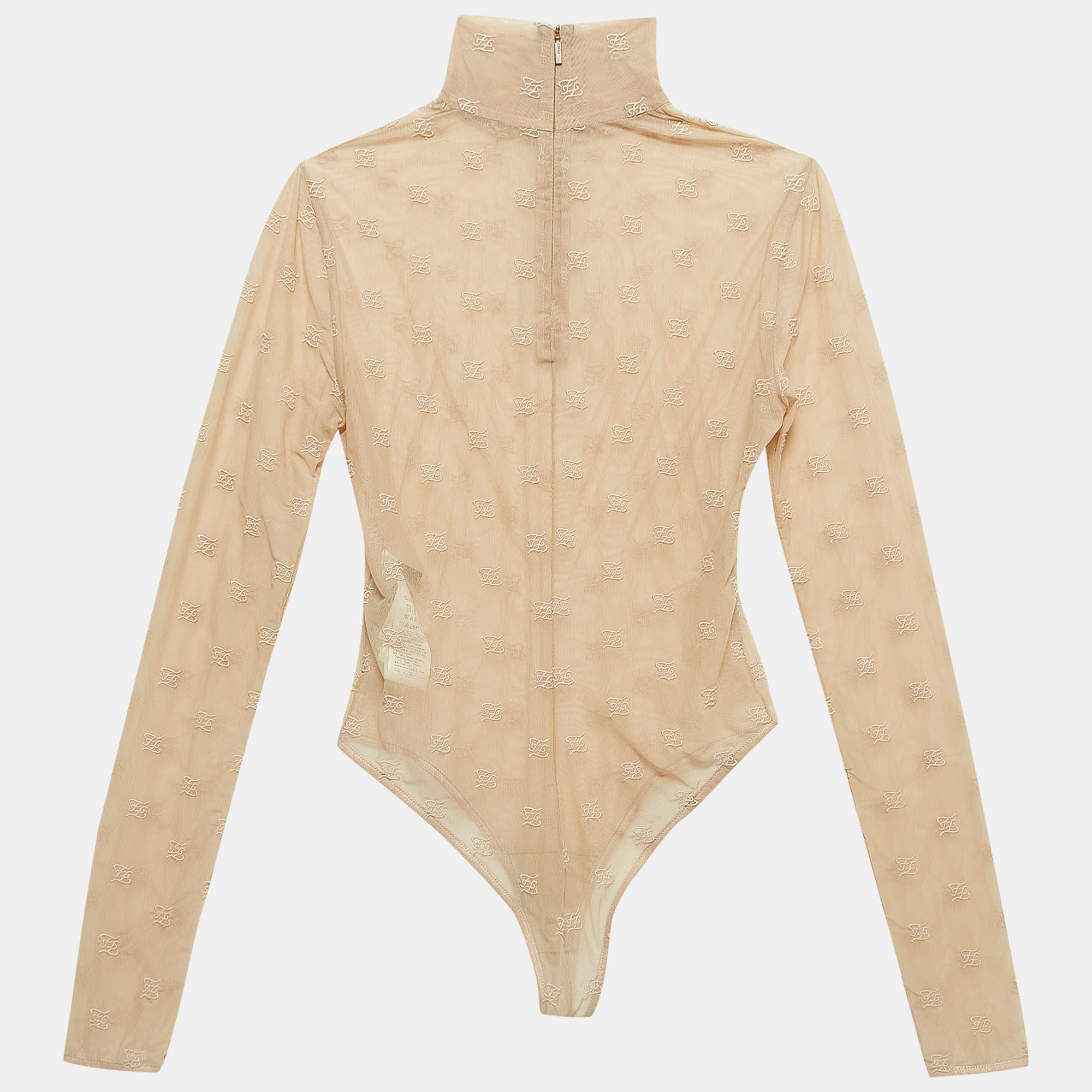 

Fendi Beige Logo Embroidered Mesh Bodysuit