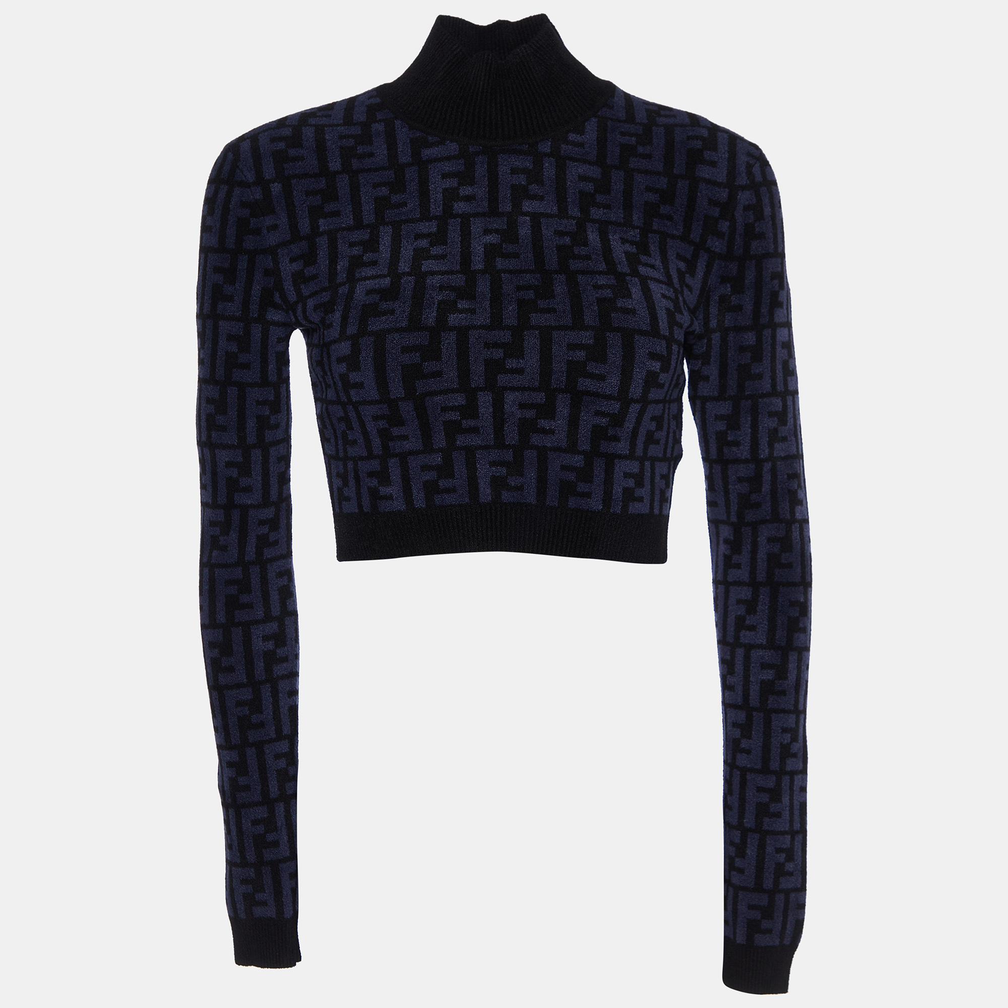 Pre-owned Fendi Navy Blue/black Ff Monogram Knit Crop Top S
