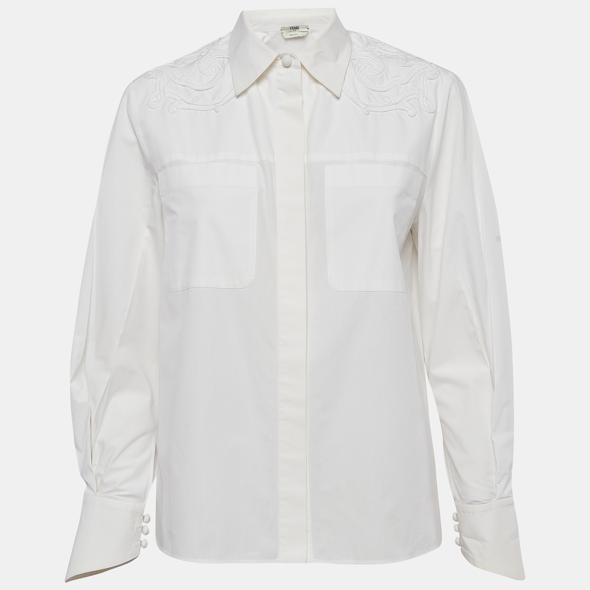 This Fendi white shirt for women is tailored using cotton and is perfect to pair with formal pants and suits to jeans and mini skirts. It has button closure long sleeves and a comfortable fit.
