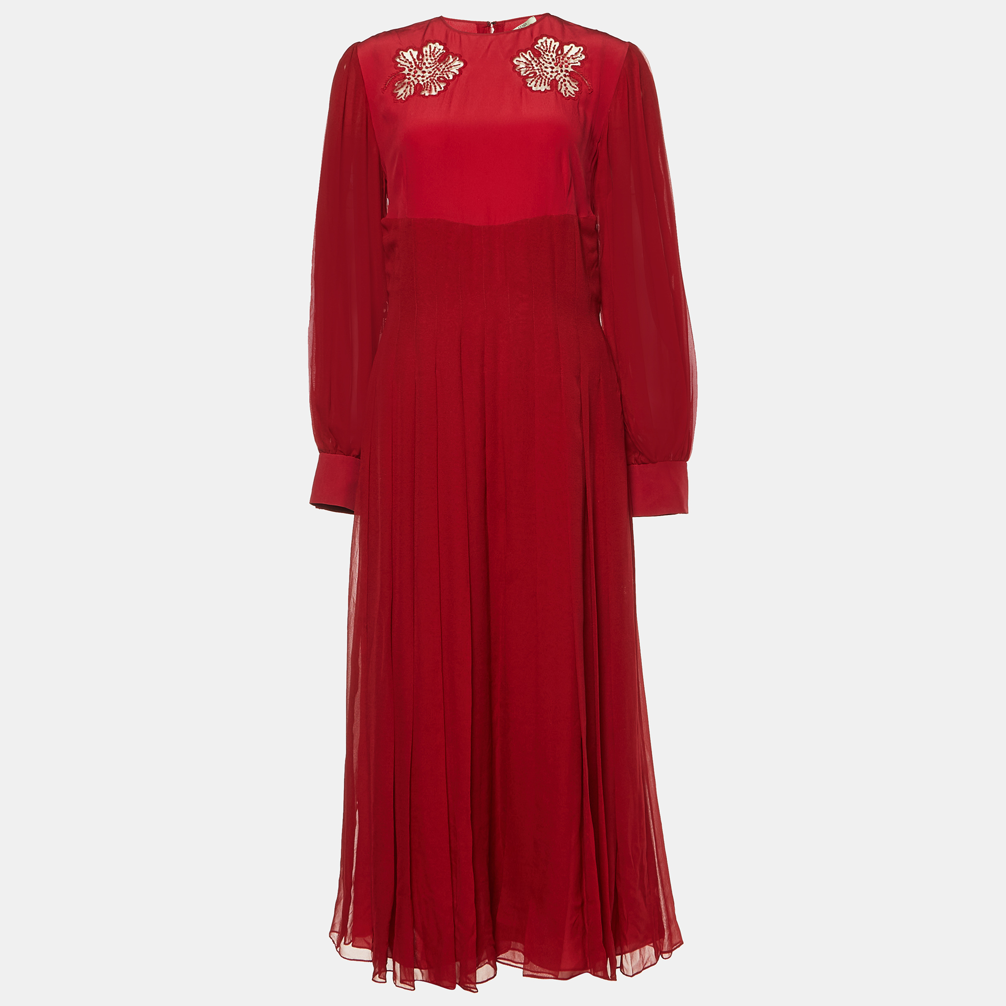 Pre-owned Fendi Red Silk Pleated Midi Dress M