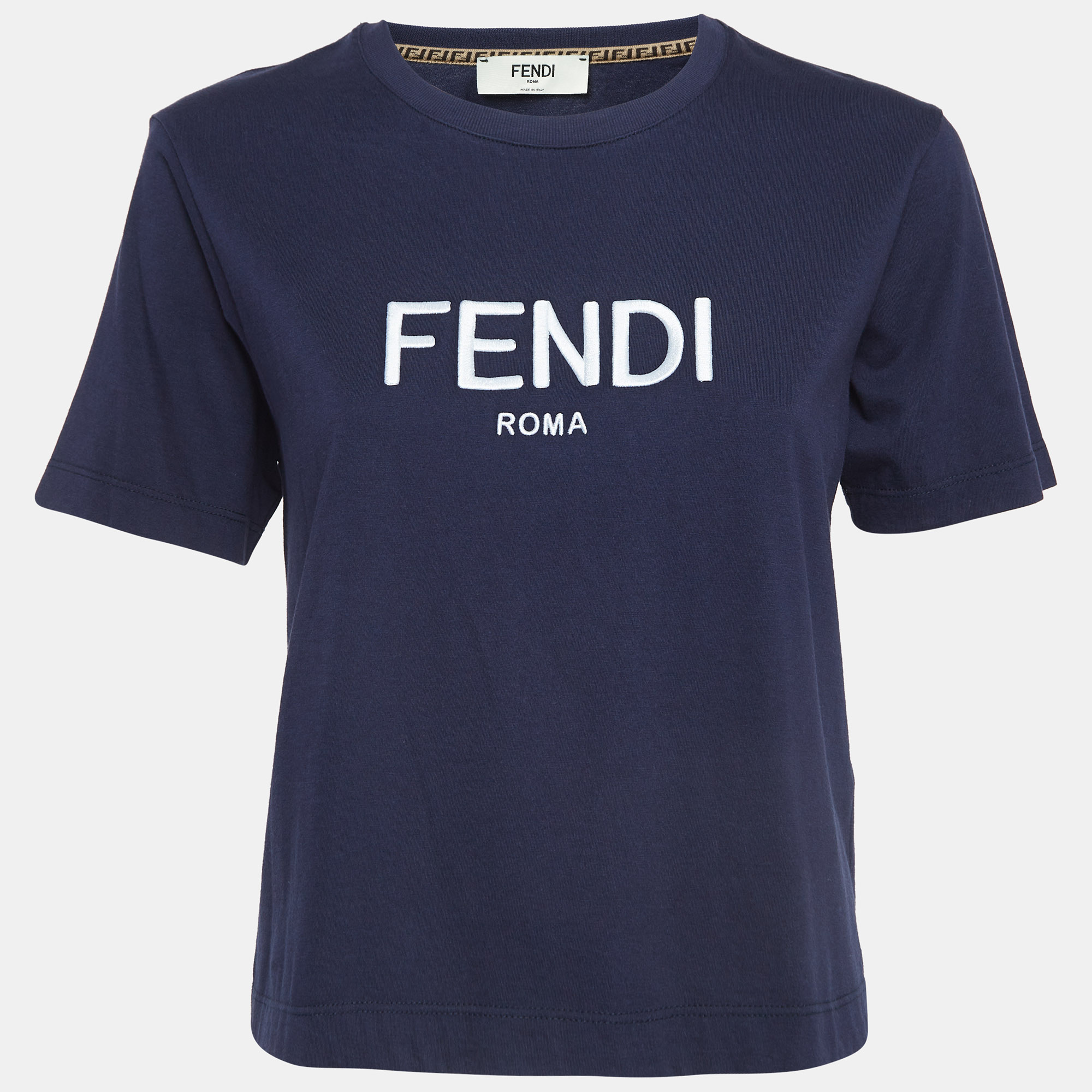 

Fendi Navy Blue Logo Embroidered Cotton T-Shirt